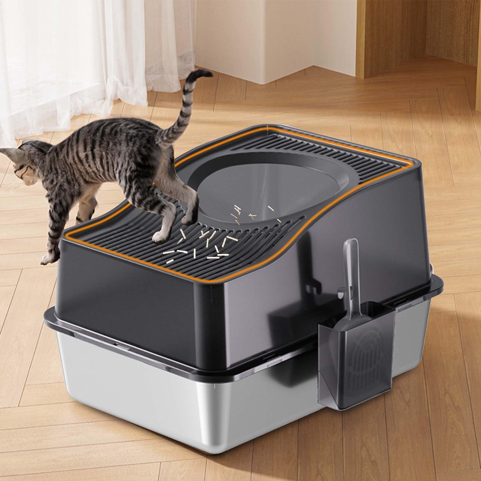 Lettiera per gatti Garvee in acciaio inox con coperchio, extra large, inodore, facile da pulire, con paletta, antiscivolo, per uso domestico