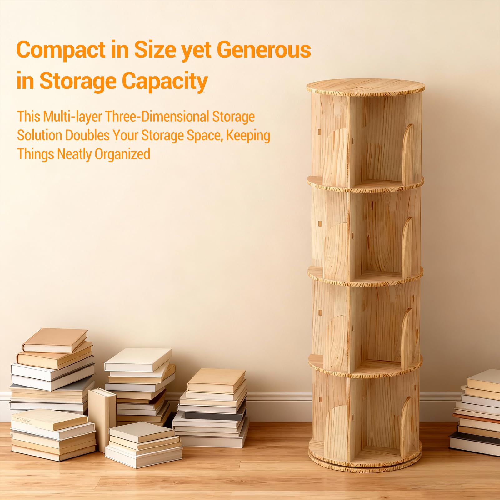 Libreria girevole a 4 ripiani Garvee in legno massello - Scaffale girevole a 360° per bambini e adulti, Ø39 cm, H129 cm, legno naturale