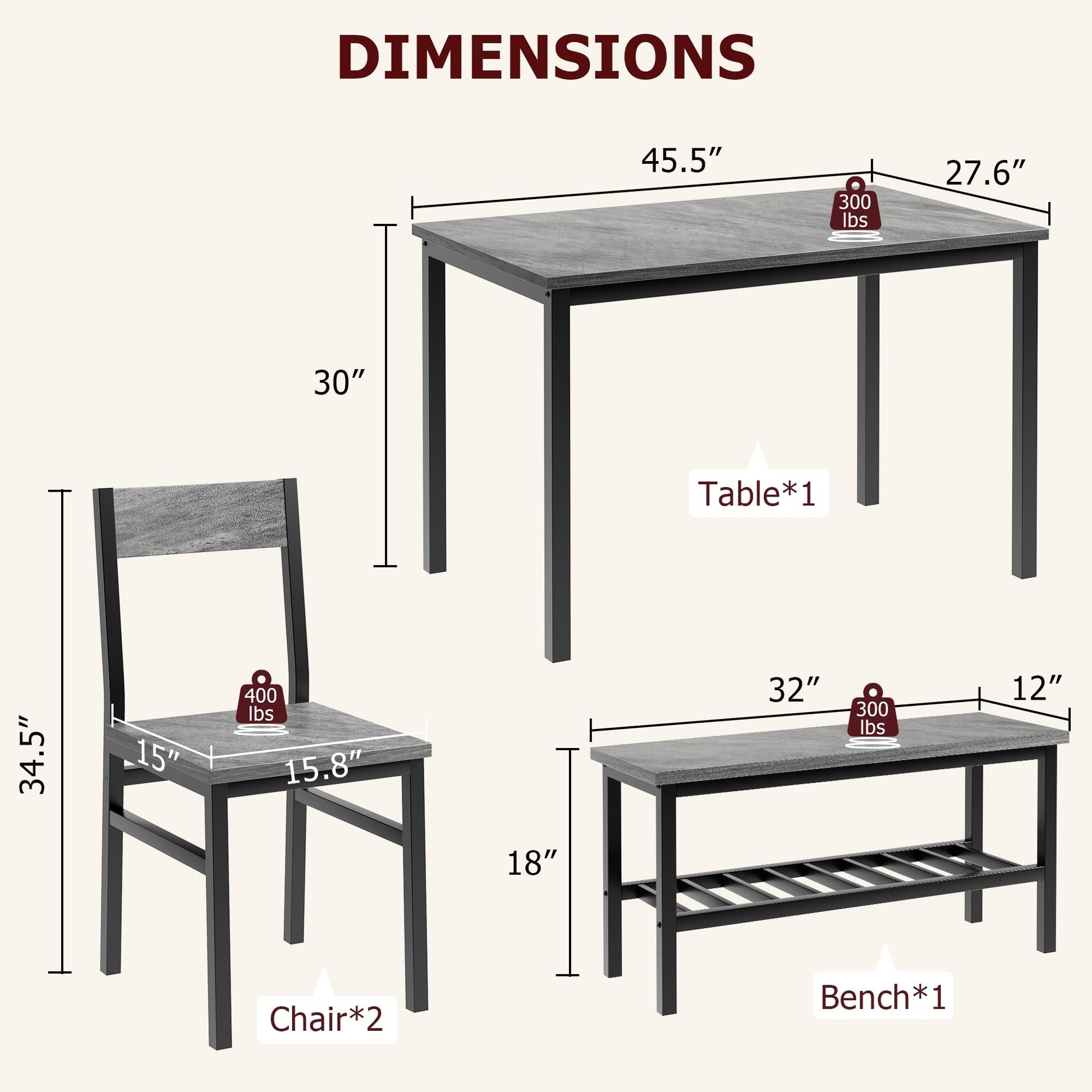 Set da pranzo Garvee per 4 persone con panca, contenitore, MDF robusto e acciaio, salvaspazio, versatile, grigio, ideale per piccoli appartamenti