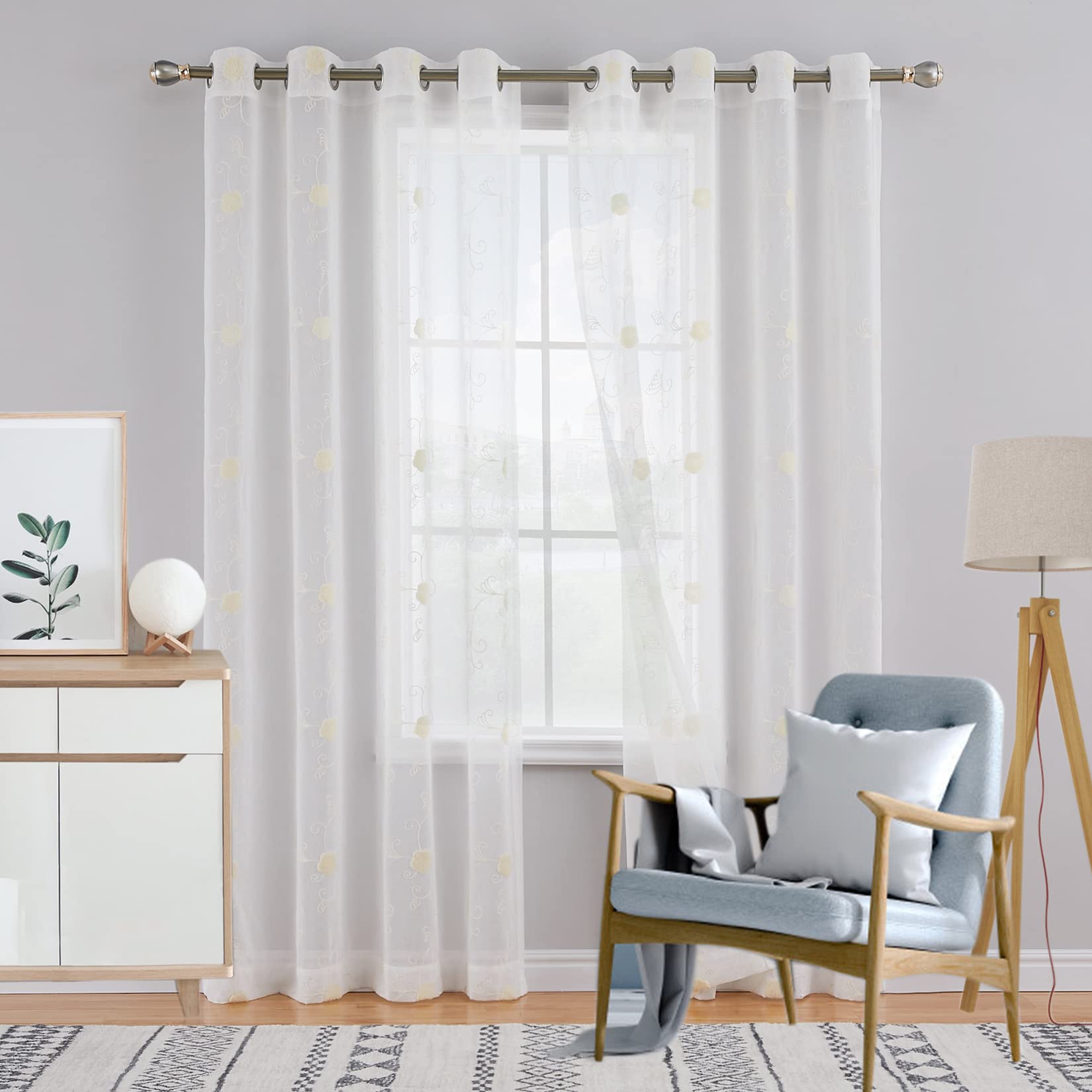 Tenda in voile GARVEE con motivo floreale, semitrasparente, beige, 140x245 cm, per cucina e bagno, leggera, facile da pulire