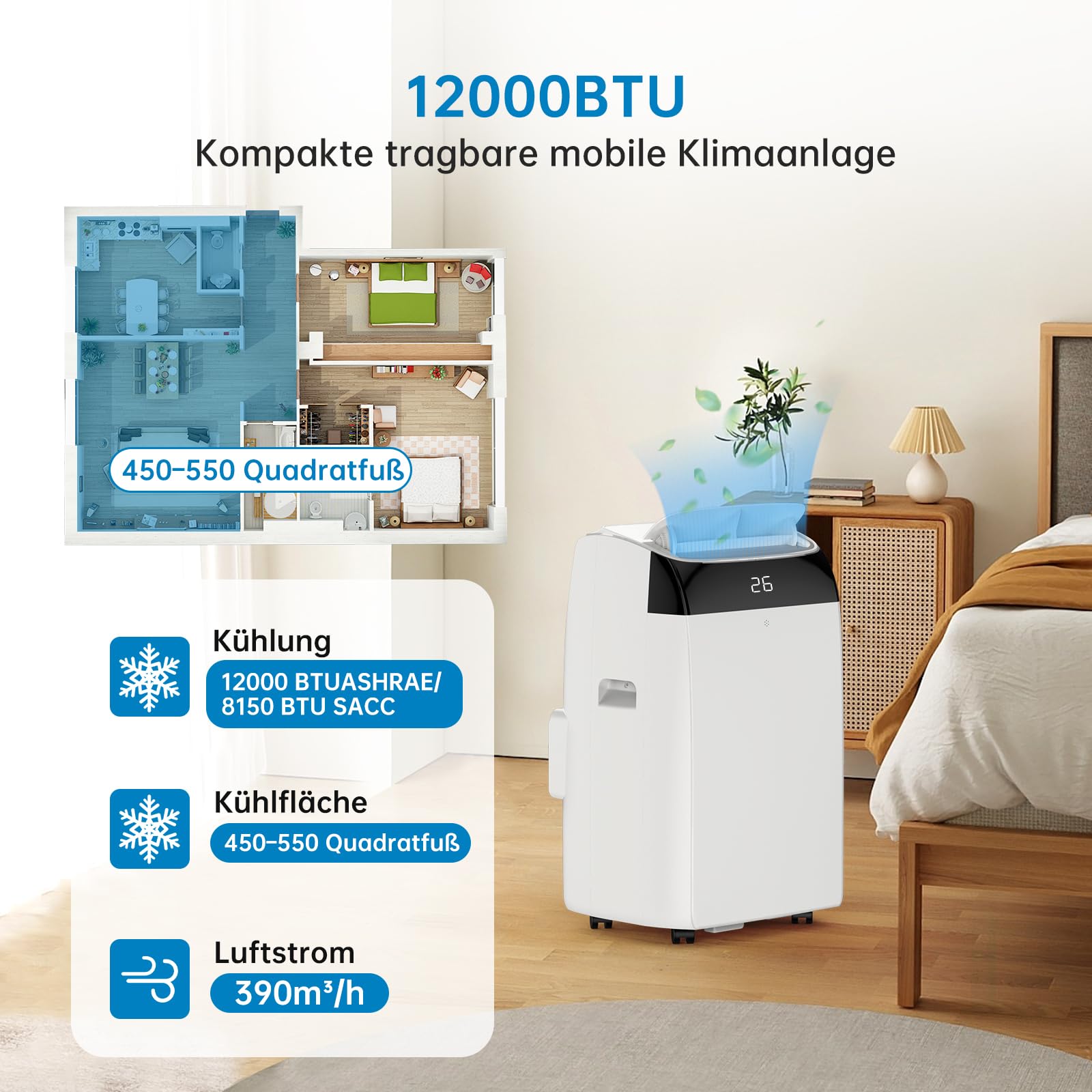 Condizionatore d'aria GARVEE 12000 BTU, efficiente dal punto di vista energetico, silenzioso, compatto e robusto, per soggiorno, ufficio