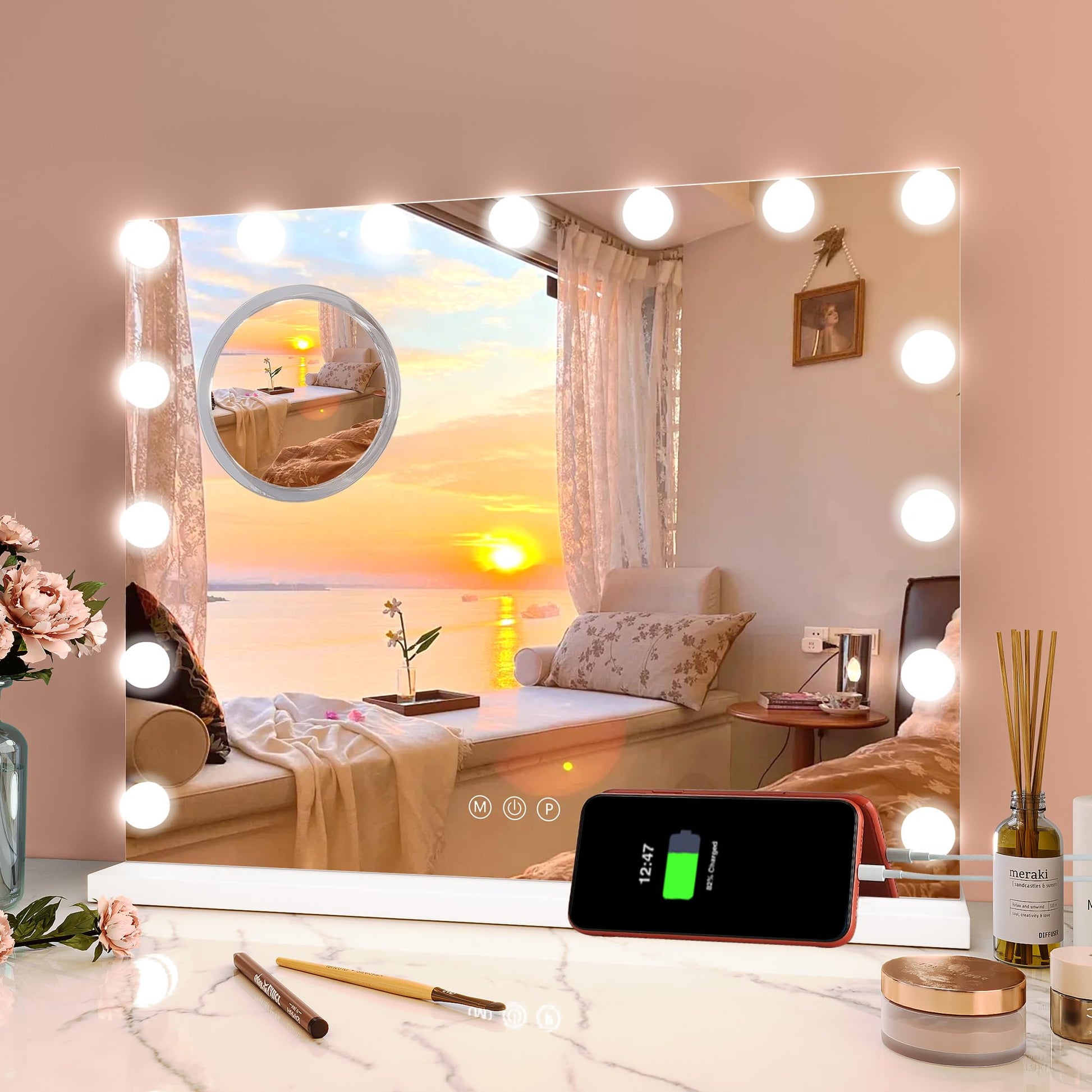 Specchio per il trucco GARVEE Hollywood 58 x 46 cm con 15 luci LED Specchio per il trucco touch bianco