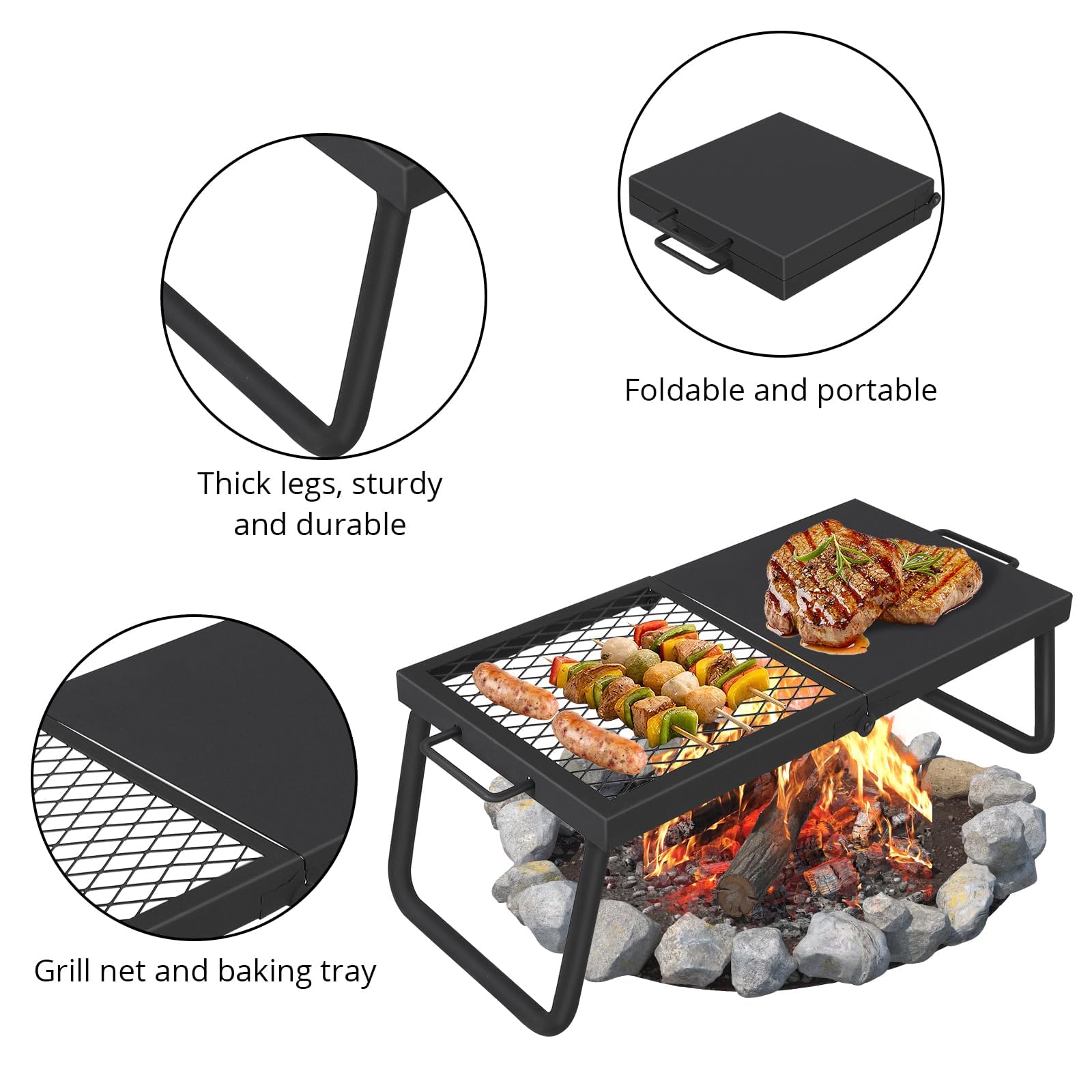 Griglia girevole per falò Garvee, regolabile a 360°, pieghevole, rete in acciaio, barbecue da esterno, campeggio, portatile, nero