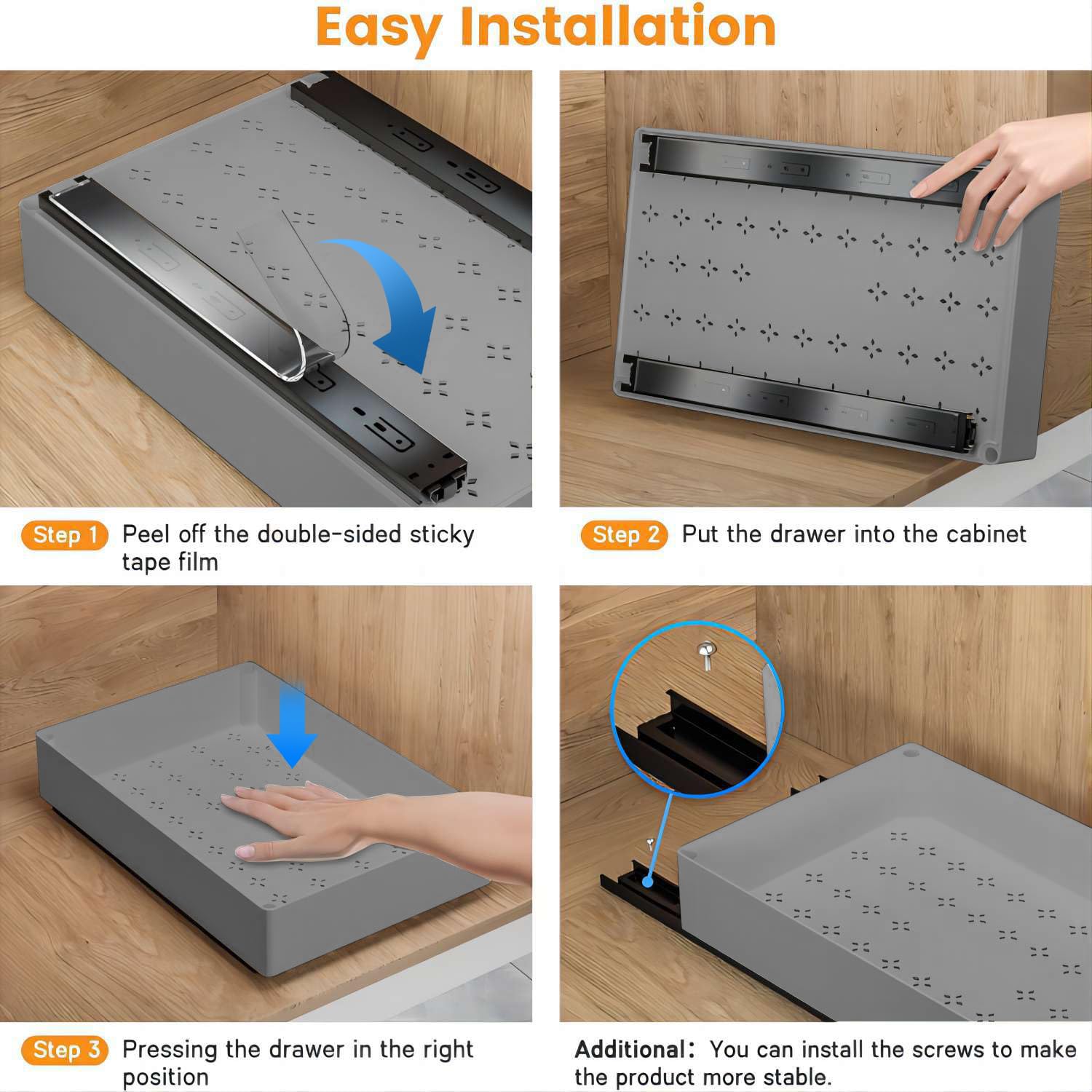 Organizzatore per armadietto estensibile Garvee, profondità 15,75" con cuscinetto di sollevamento, nessuna perforazione richiesta, metallo, pellicola adesiva, regolabile per cucina, salvaspazio, robusto