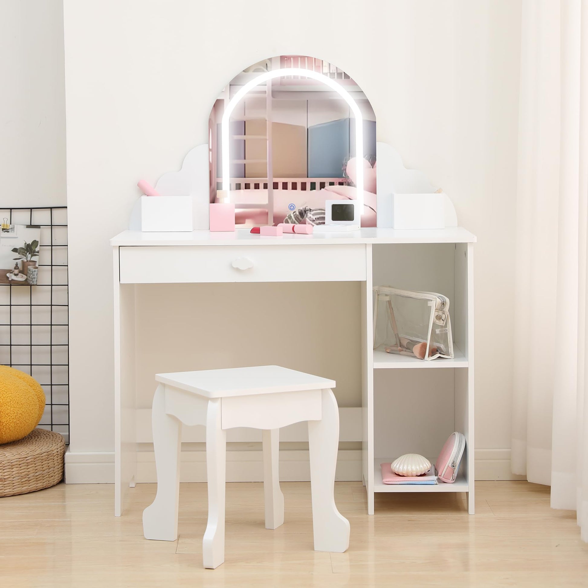 Tavolo da toeletta per bambini Garvee con specchio illuminato e sgabello per bambine dai 3 ai 9 anni, MDF, bianco, luce LED, ampio spazio di archiviazione