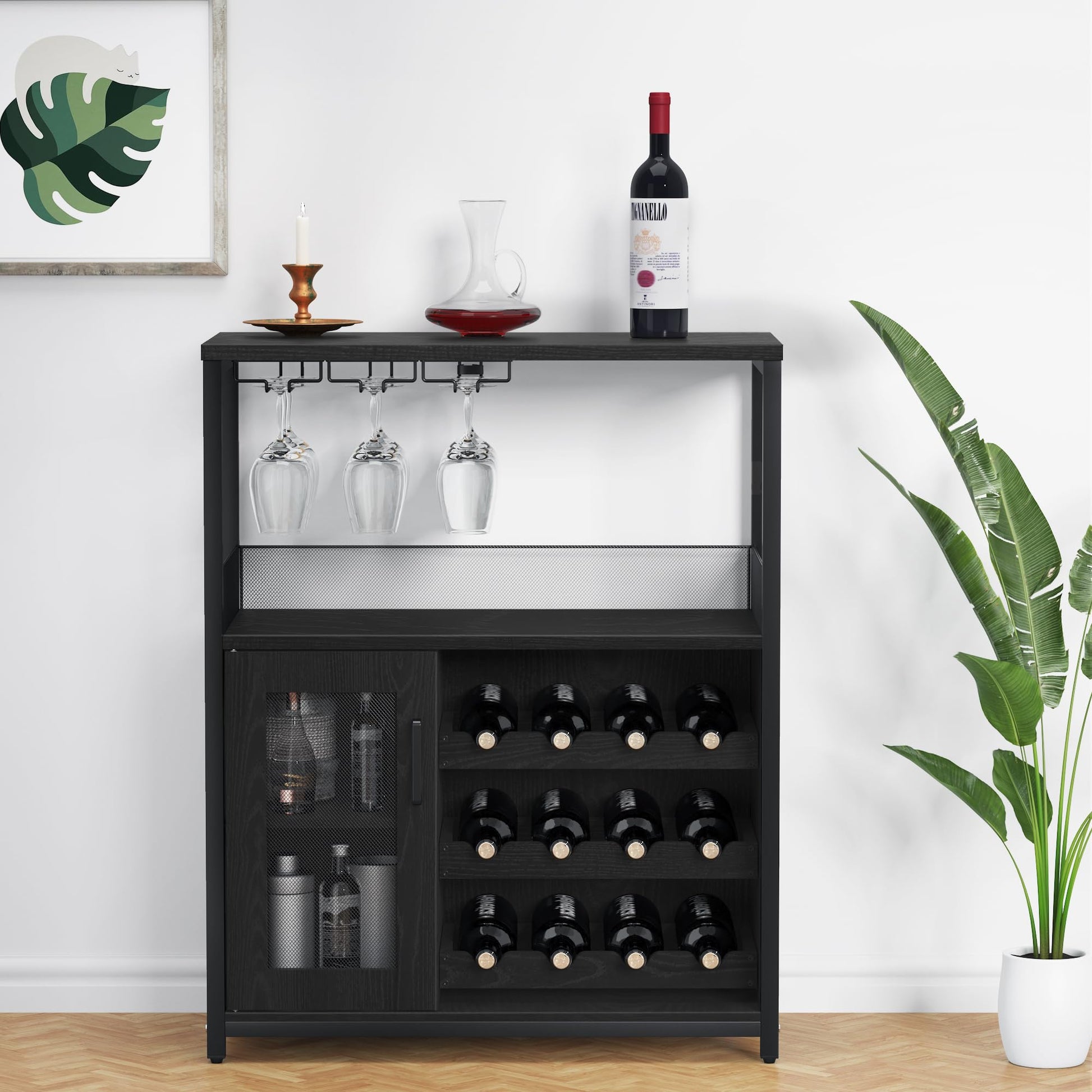 Mobile bar per vino Garvee a 3 ripiani con portabottiglie rimovibile, portabicchieri per cucina e bar, 27,2"L x 13,8"P x 36,2"A, MDF e ferro nero