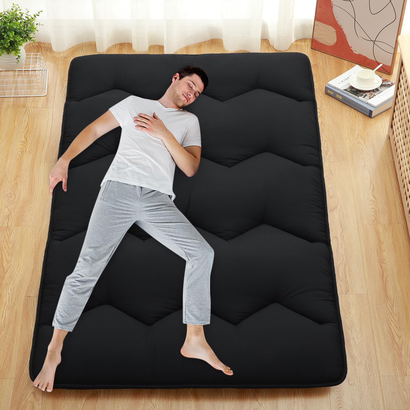 Materasso futon giapponese Garvee, matrimoniale, arrotolabile, in microfibra di cotone, di media rigidità, per campeggio e camere degli ospiti