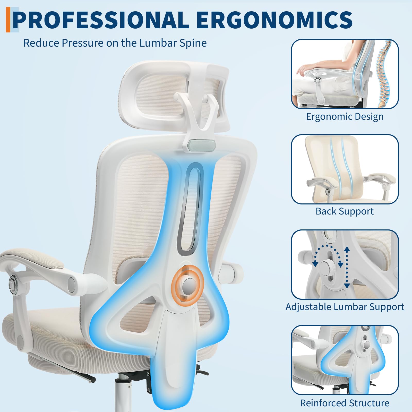 Sedia da ufficio ergonomica Garvee, schienale alto, rete, poggiatesta regolabile, poggiapiedi, beige, ufficio domestico