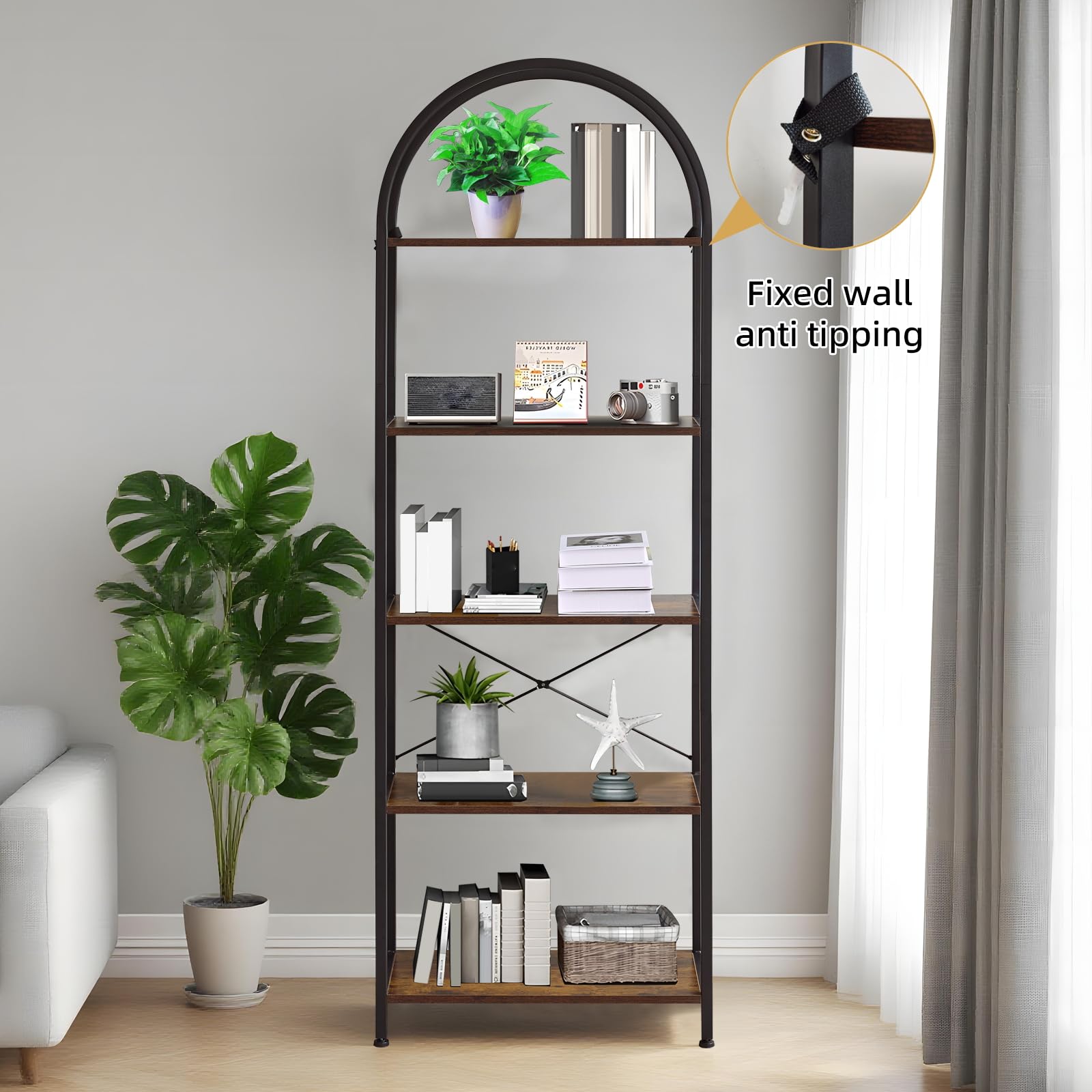 Libreria Garvee a 5 ripiani con arco, metallo robusto, grandi ripiani in legno per soggiorno e ufficio, 70,87" x 23,62" x 11,02", nero moderno