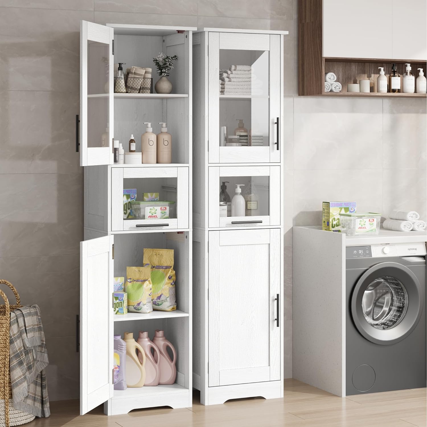 Garvee Mobiletto Bagno Alto Stretto 67in, Vetro, Ripiani Regolabili, MDF, Design Moderno, Antiribaltamento, Bianco, Spazi Ristretti