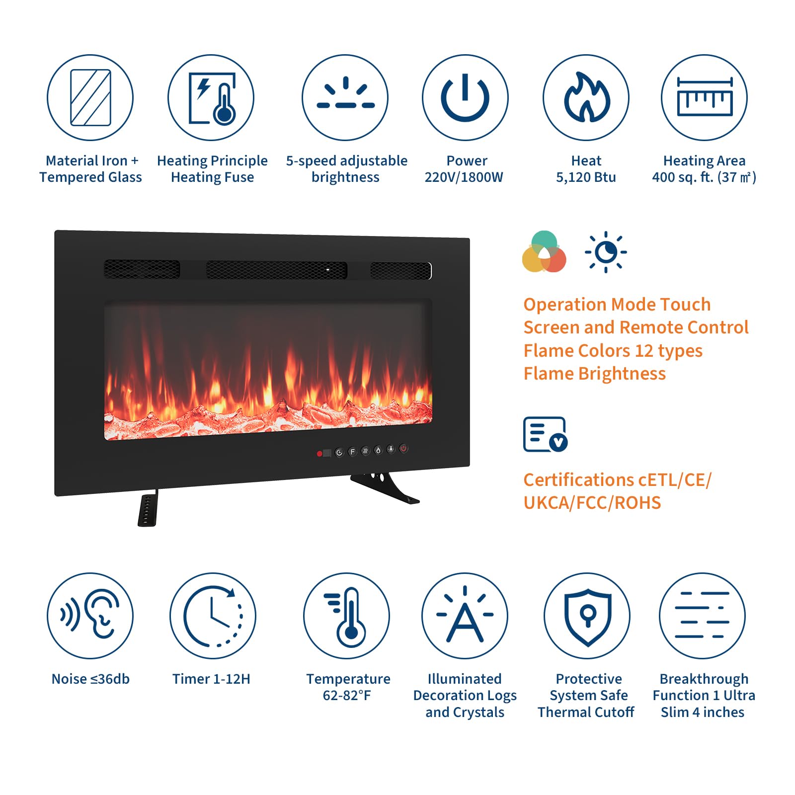 Camino elettrico Garvee, ultrapiatto, da parete, possibilità di installazione a incasso, con telecomando, riscaldatore da 1800 W, 12 colori, timer fino a 12 ore, certificato ETL per 37 m², design moderno, frontale in vetro e aspetto legno/cristallo