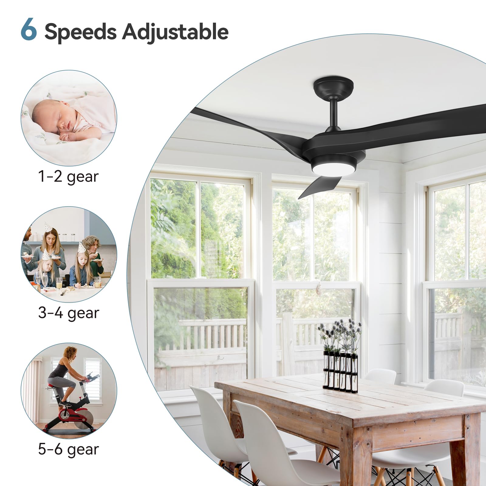 Ventilatori da soffitto GARVEE con luce, ventilatore da soffitto da 132 cm con 6 velocità e 2 aste, telecomando LED dimmerabile, ventilatore da soffitto moderno silenzioso reversibile CC per uso interno ed esterno