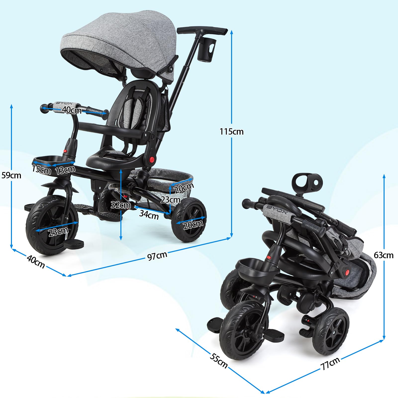 Triciclo per bambini Garvee scalabile 6 in 1, bicicletta per bambini con sedile reversibile per sole e pedali, grigio, da 10 mesi a 5 anni