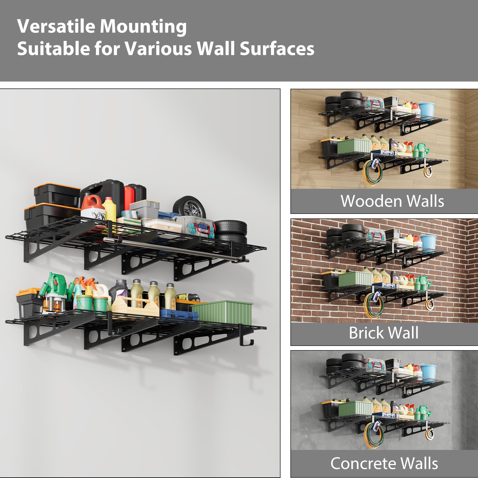 Scaffali da parete per garage Garvee Heavy-Duty 2x6 piedi in metallo acciaio per officina e garage, sabbiati, accessori completi