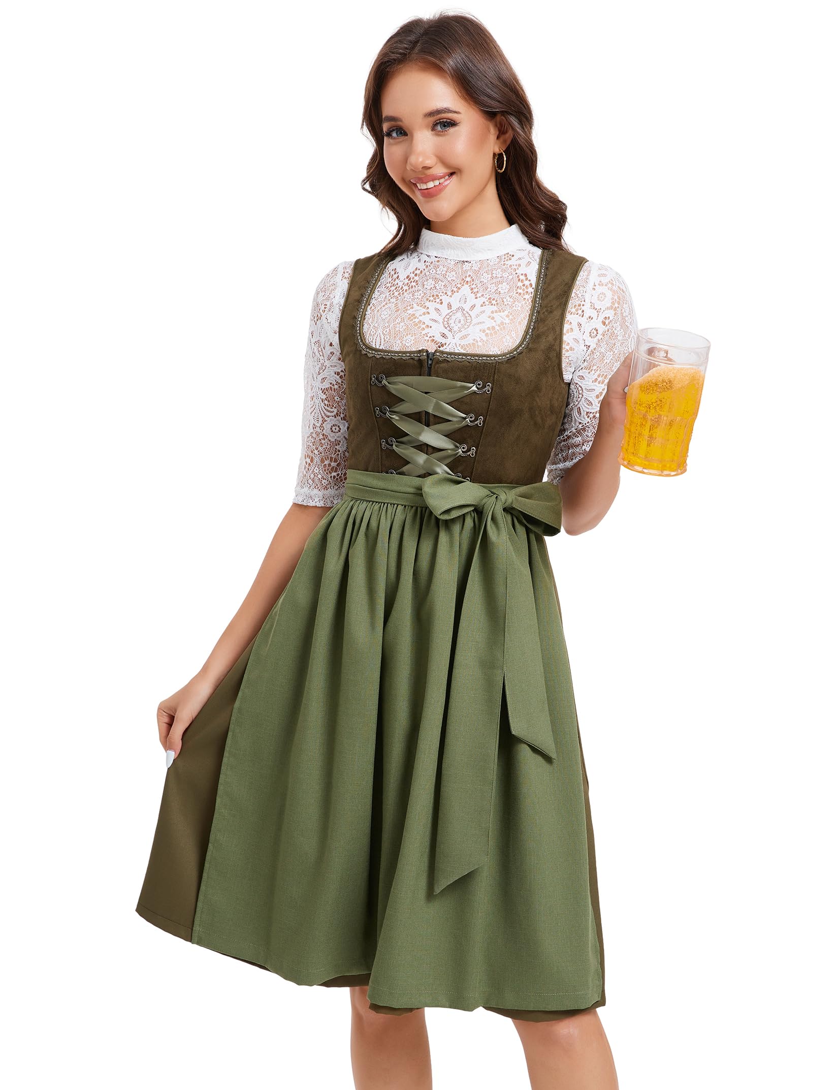Garvee - Set completo di 3 pezzi di Dirndl midi da donna, abbigliamento tradizionale per l'Oktoberfest, verde militare, taglie 34-52