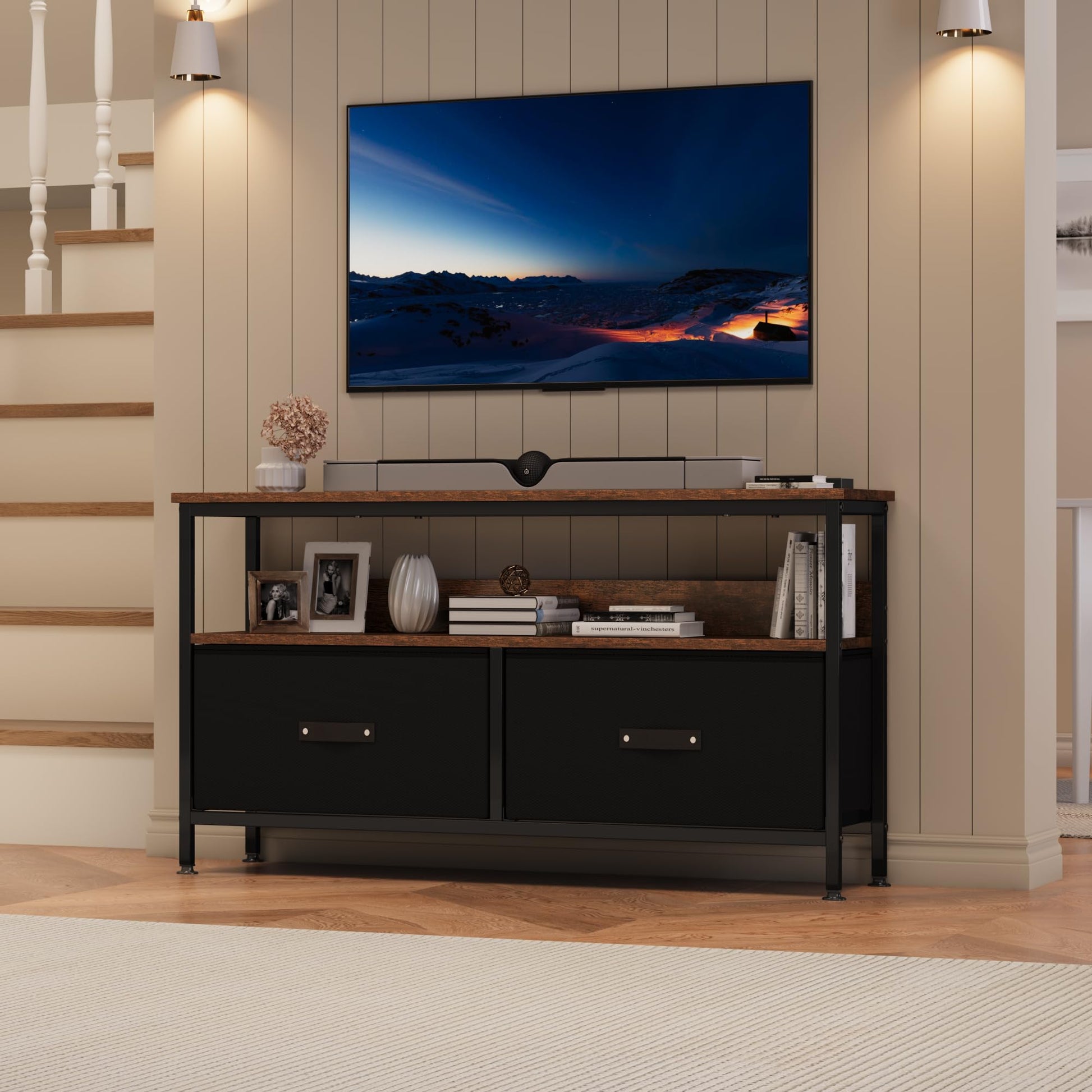 Mobile porta TV Garvee da 50 pollici, stile cassettiera compatta con 2 cassetti, legno marrone/nero retrò per soggiorno e camera da letto