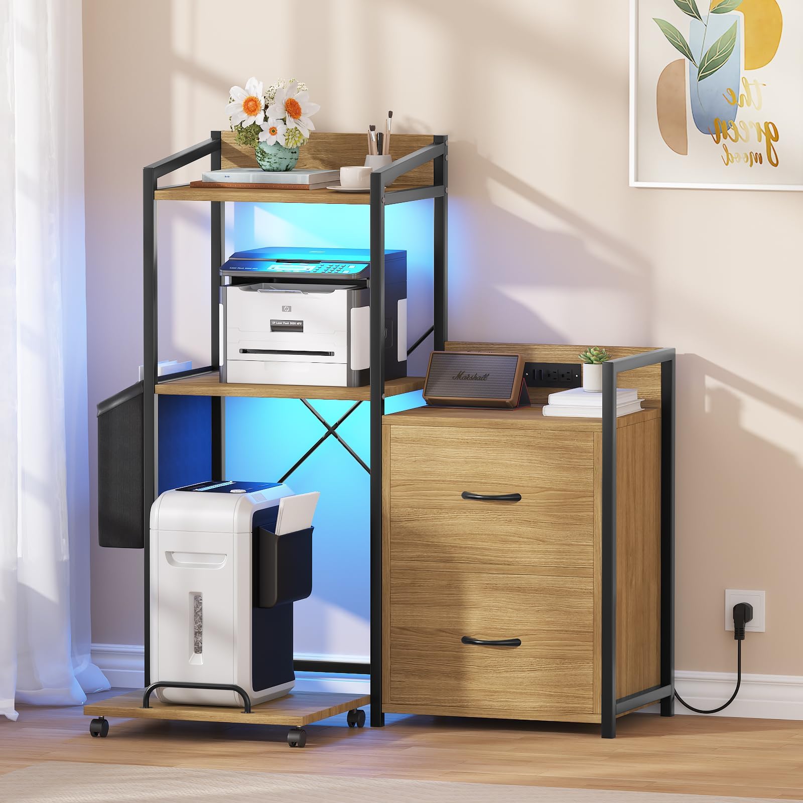 Supporto per stampante Garvee Industrial a 3 livelli con cassetti, luce LED, funzione di ricarica per l'organizzazione dell'ufficio, legno massiccio, robusto e con ampio spazio di archiviazione