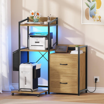 Supporto per stampante Garvee Industrial a 3 livelli con cassetti, luce LED, funzione di ricarica per l'organizzazione dell'ufficio, legno massiccio, robusto e con ampio spazio di archiviazione