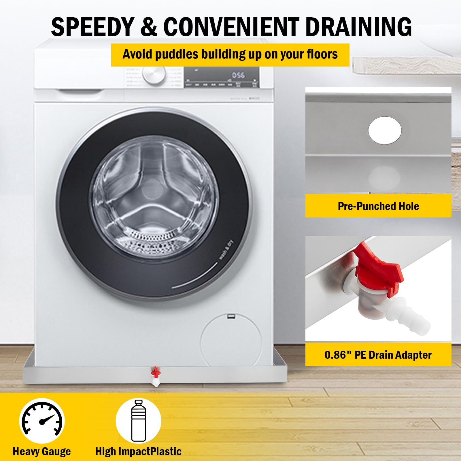 Vassoio raccogli gocce per lavatrice Garvee 32 x 30 pollici - Acciaio inossidabile 304, foro di scarico, adattatore per tubo flessibile, piedini antivibrazione, compatto e robusto