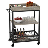 Carrello bar Garvee con 3 ripiani e portabottiglie, ruote con freni, vassoio rimovibile, metallo grigio, versatile per casa e feste - Grigio
