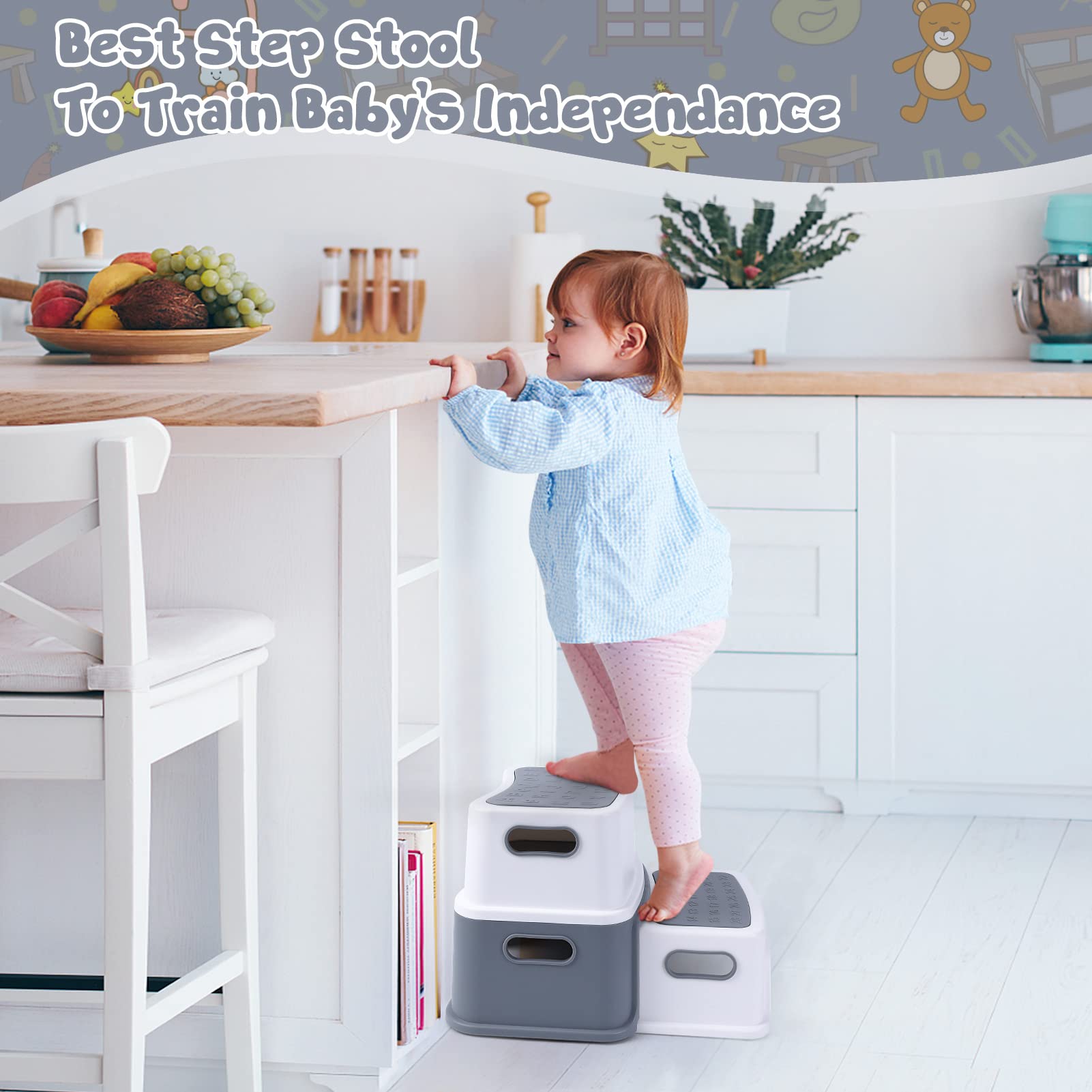 Sgabello per bambini Garvee, 2 gradini, antiscivolo, sicuro, senza BPA, leggero, portatile, per bagno, cucina, allenamento, 115 kg