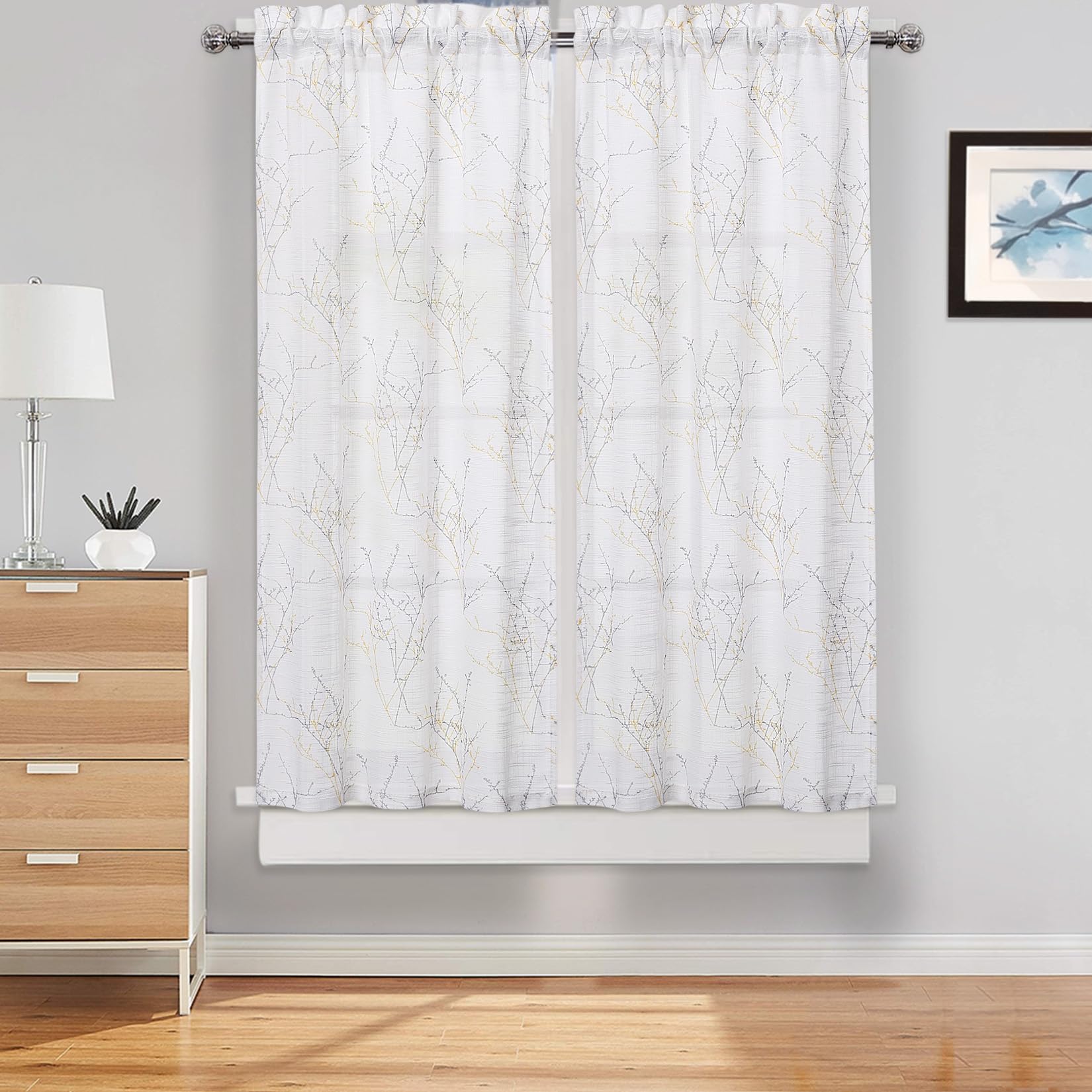 Tende da cucina Garvee con motivo a rami d'albero, filtranti la luce, in poliestere, 2 pannelli, 26x45 pollici, per soggiorno e cucina, rustiche ed eleganti