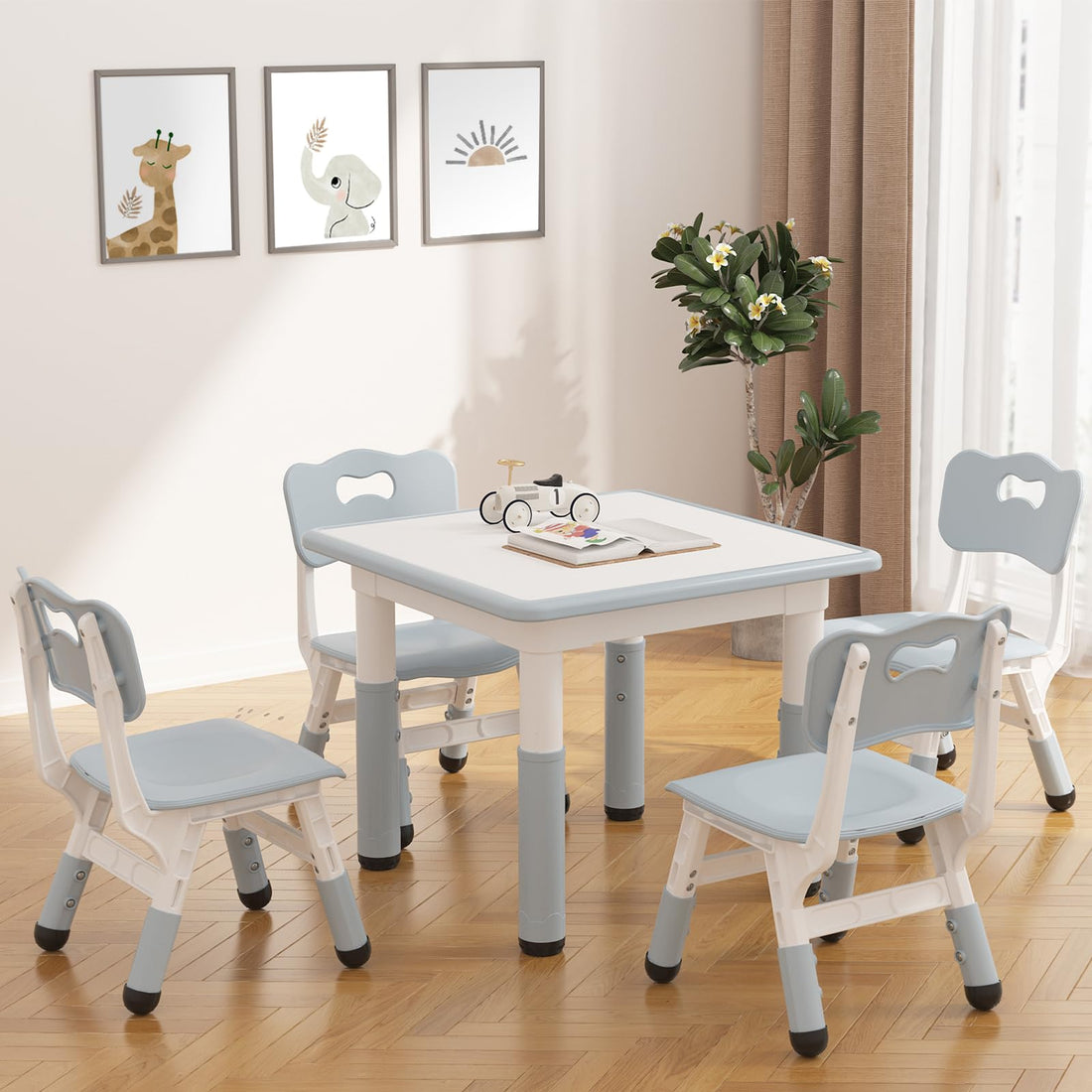Set tavolo e 4 sedie per bambini Garvee, altezza regolabile, piano del tavolo con graffiti, truciolato, per casa e asilo, età 2-10 anni