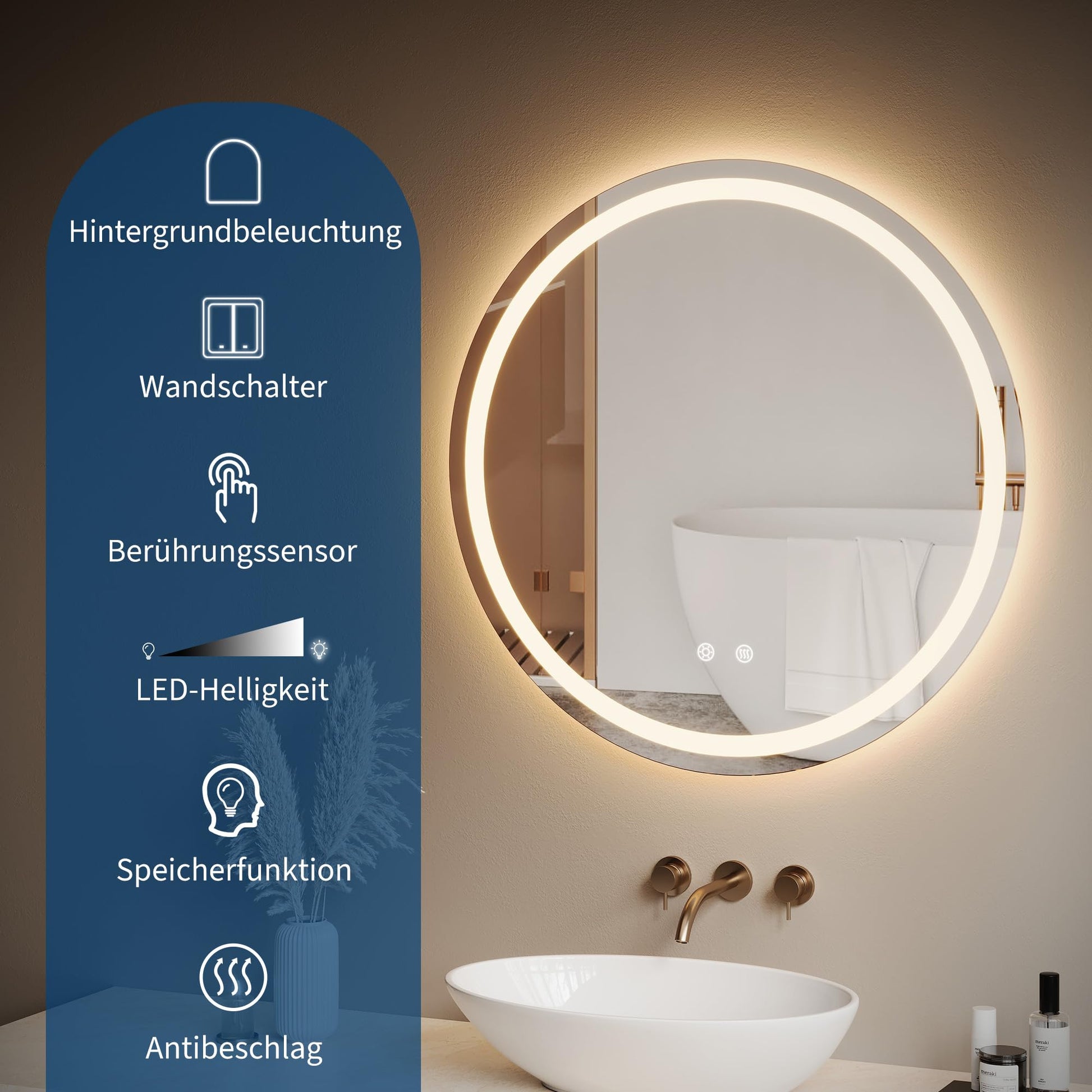 Specchio per il trucco illuminato Garvee, specchio da bagno rotondo da 60 cm con luce, specchio a LED con interruttore touch e vetro antideflagrante, specchio da bagno dimmerabile e antiappannamento con illuminazione