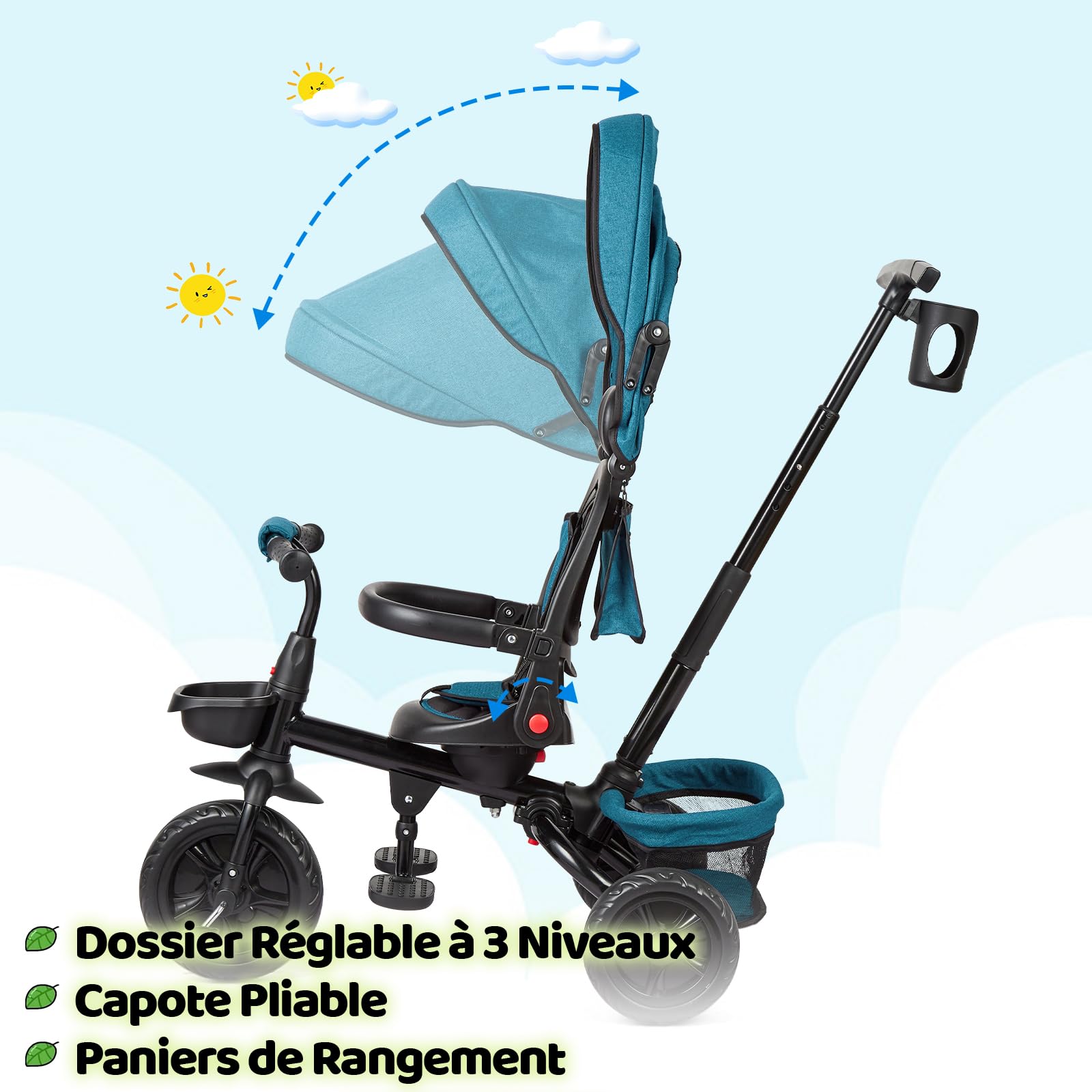 Garvee Triciclo Bébé Évolutif 6 en 1 con seduta reversibile, parasole, pedali per bambini da 10 mesi a 5 anni, Verde