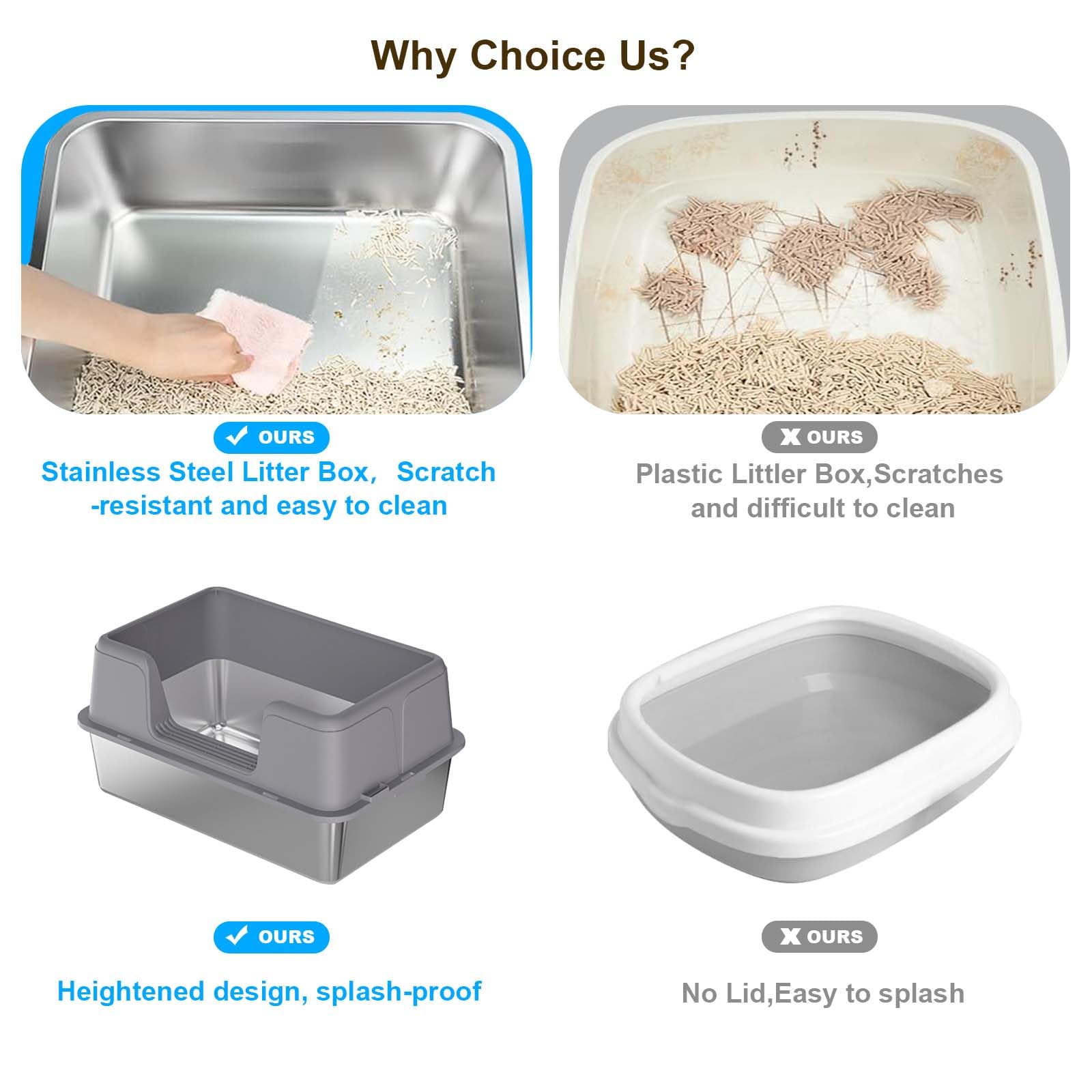 Lettiera per gatti Garvee in acciaio inox con coperchio, extra large, bordi alti, antigraffio, tappetino antiscivolo per uso interno
