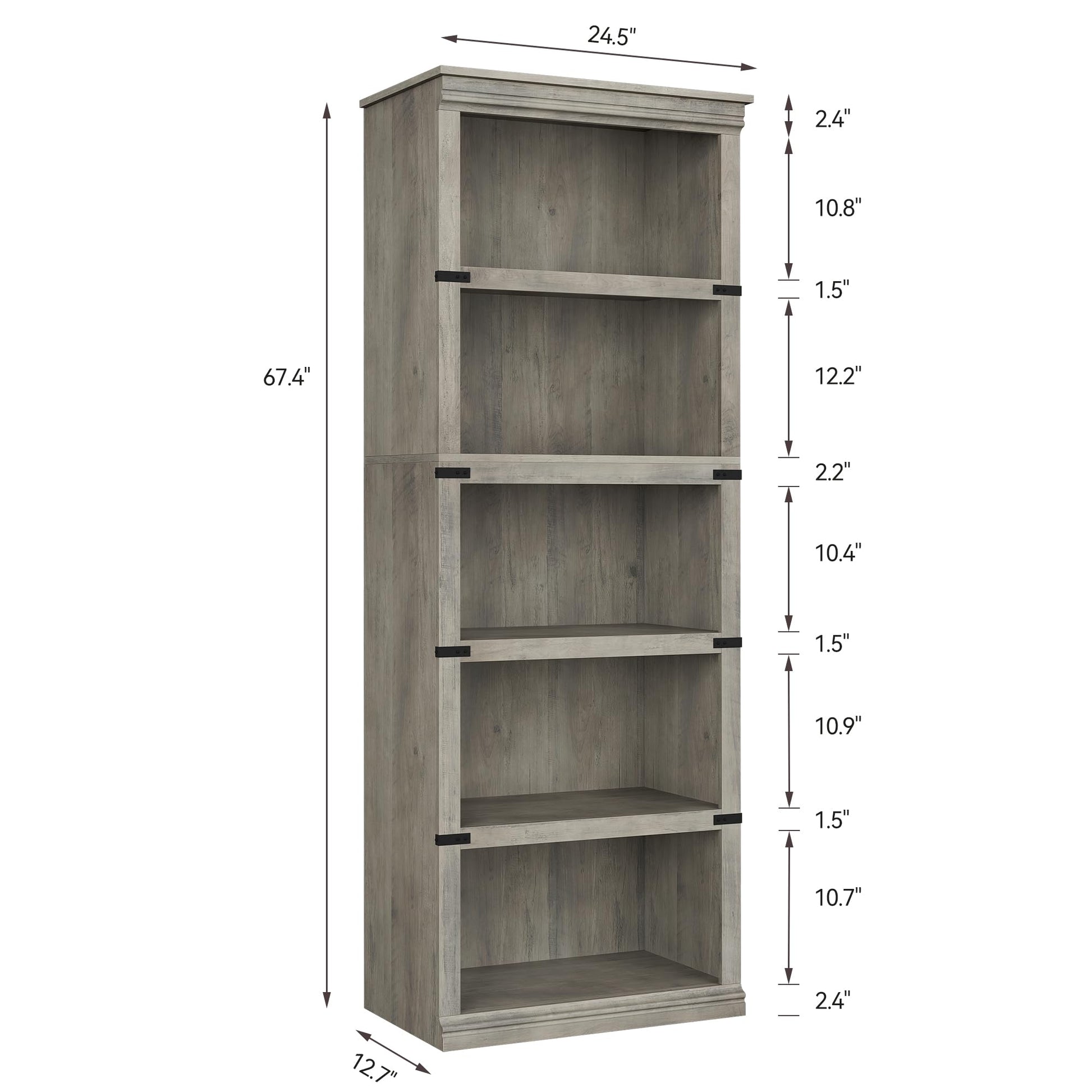 Libreria in legno Garvee a 5 ripiani con spazio per il soggiorno, 170 cm di altezza x 62 cm di larghezza x 32 cm di profondità, grigio, robusta, stile coloniale, MDF