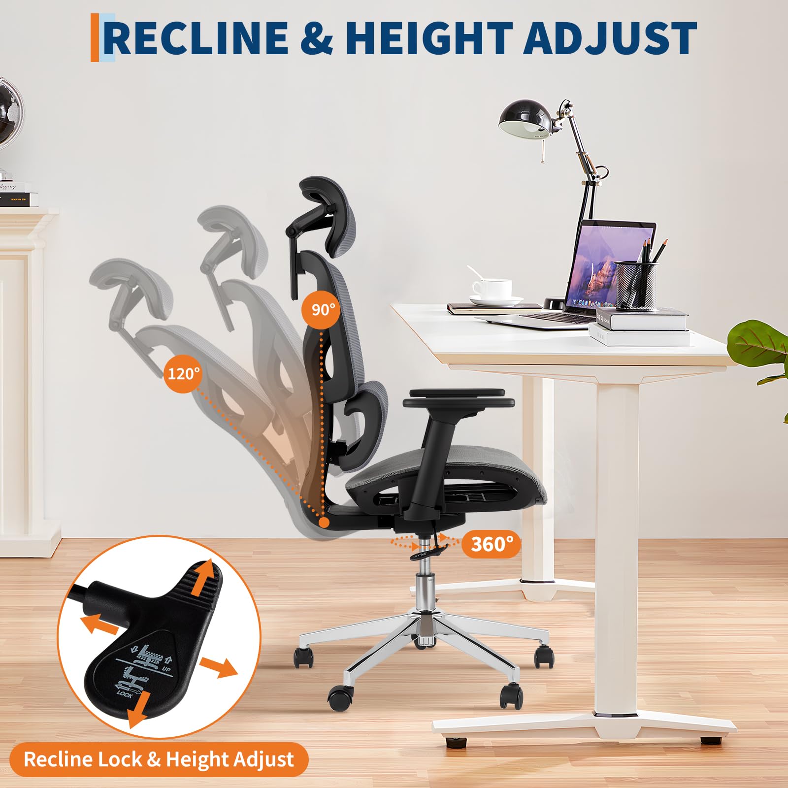 Sedia da ufficio ergonomica Garvee con rete traspirante, braccioli 3D, altezza del sedile regolabile, poggiapiedi in acciaio, reclinazione di 135°, grigia per ufficio e gaming