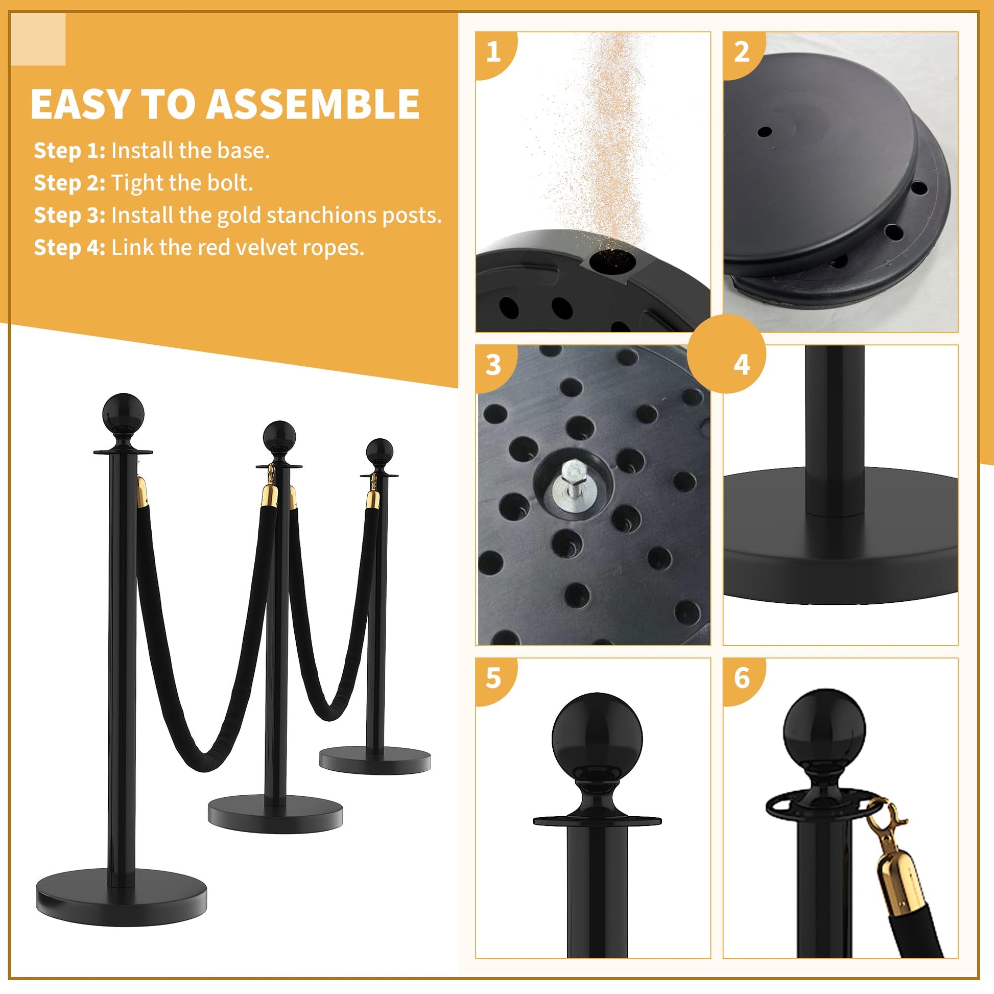 Garvee Set di piedistalli in acciaio inossidabile da 12 pezzi con corda in velluto rosso da 5 piedi per matrimoni ed eventi, base in cemento, montaggio senza attrezzi, antiruggine