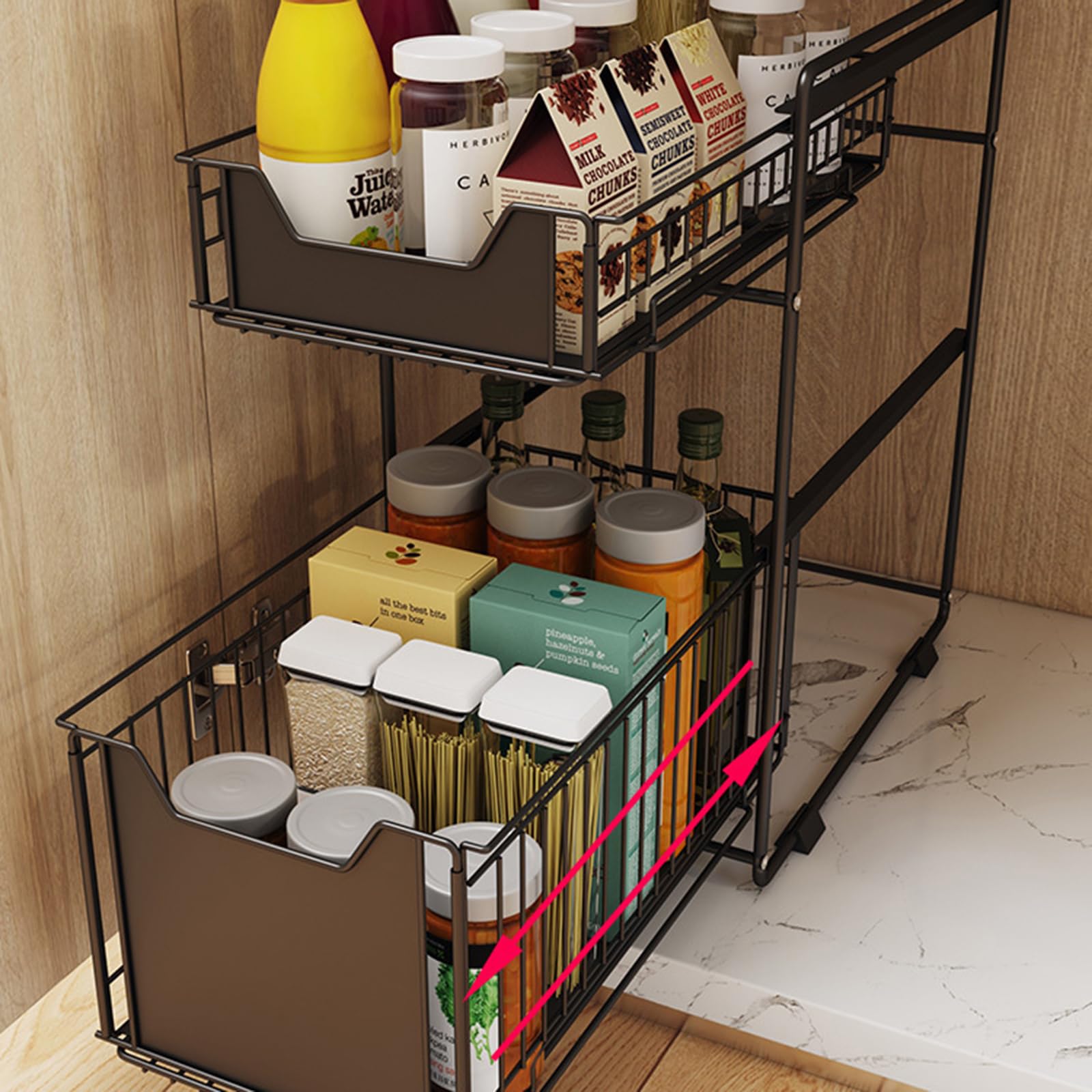 Mensola estraibile da cucina Garvee, portaspezie in metallo, cestello estraibile a 2 livelli, 21,9x37x44 cm, nero, organizer sottopensile per cucina