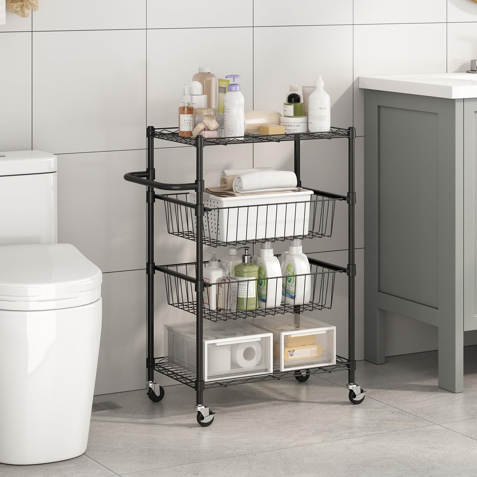 Carrello da cucina in metallo Garvee a 4 ripiani con maniglia, capacità di carico 110 libbre, ripiani in filo metallico aperto, 2 ruote bloccabili, utilizzo versatile, metallo, argento