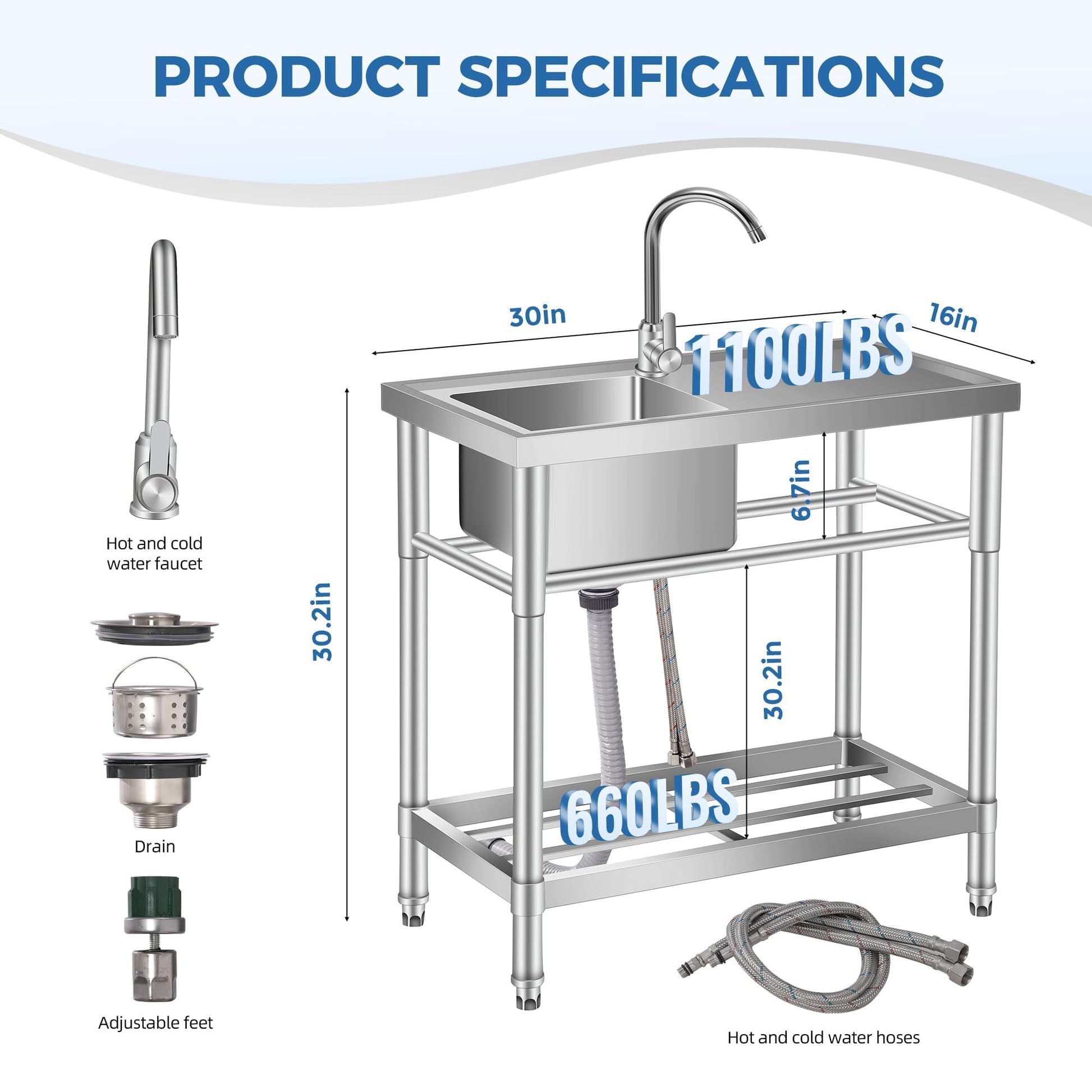 Lavello di servizio in acciaio inossidabile Garvee con rubinetto e piano di lavoro, indipendente, acciaio inossidabile 304, 30 pollici, argento