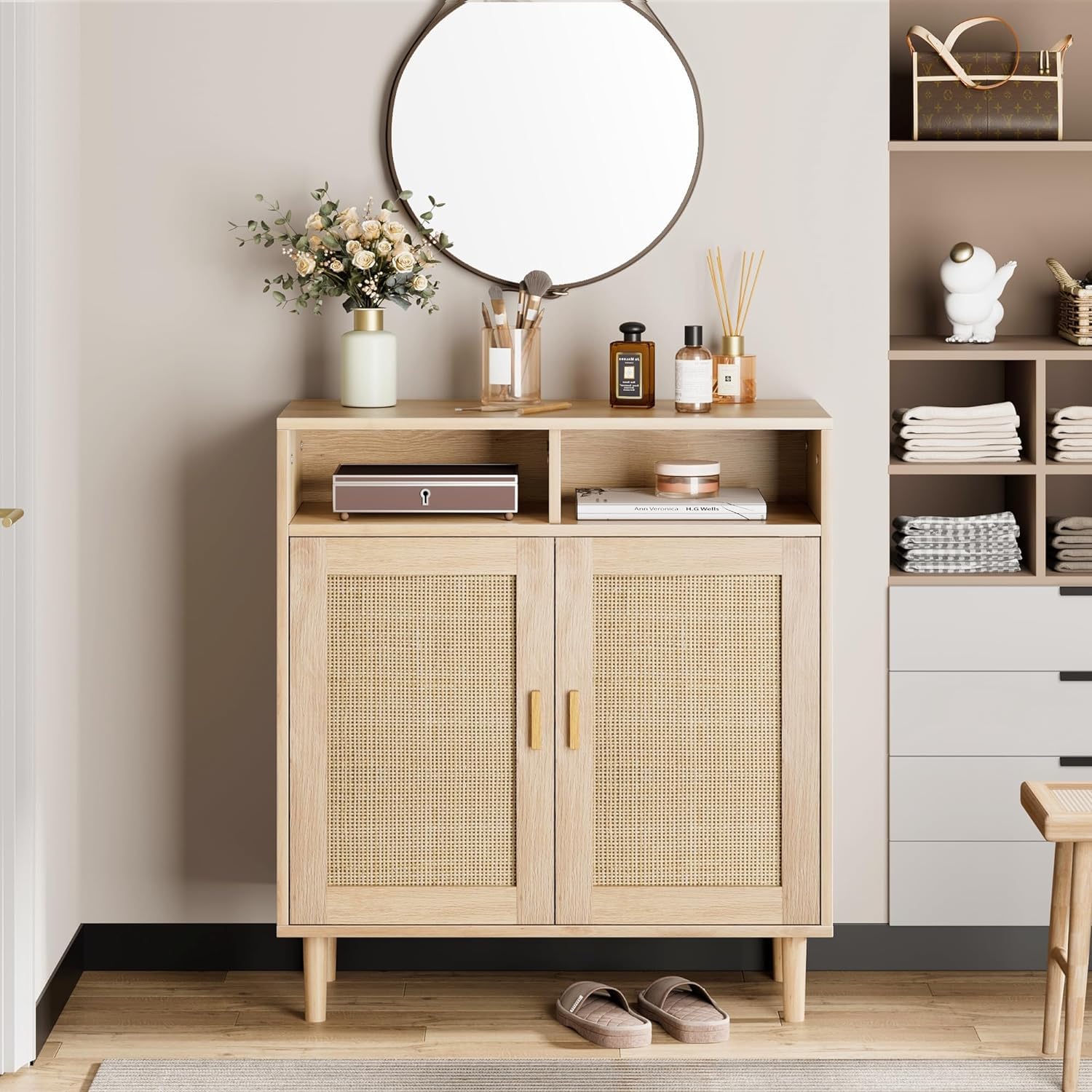 Credenza moderna in rattan Garvee da 36" - Intrecciata a mano, antiribaltamento, con ripiano regolabile, mobile da cucina e sala da pranzo, multifunzionale, colori naturali
