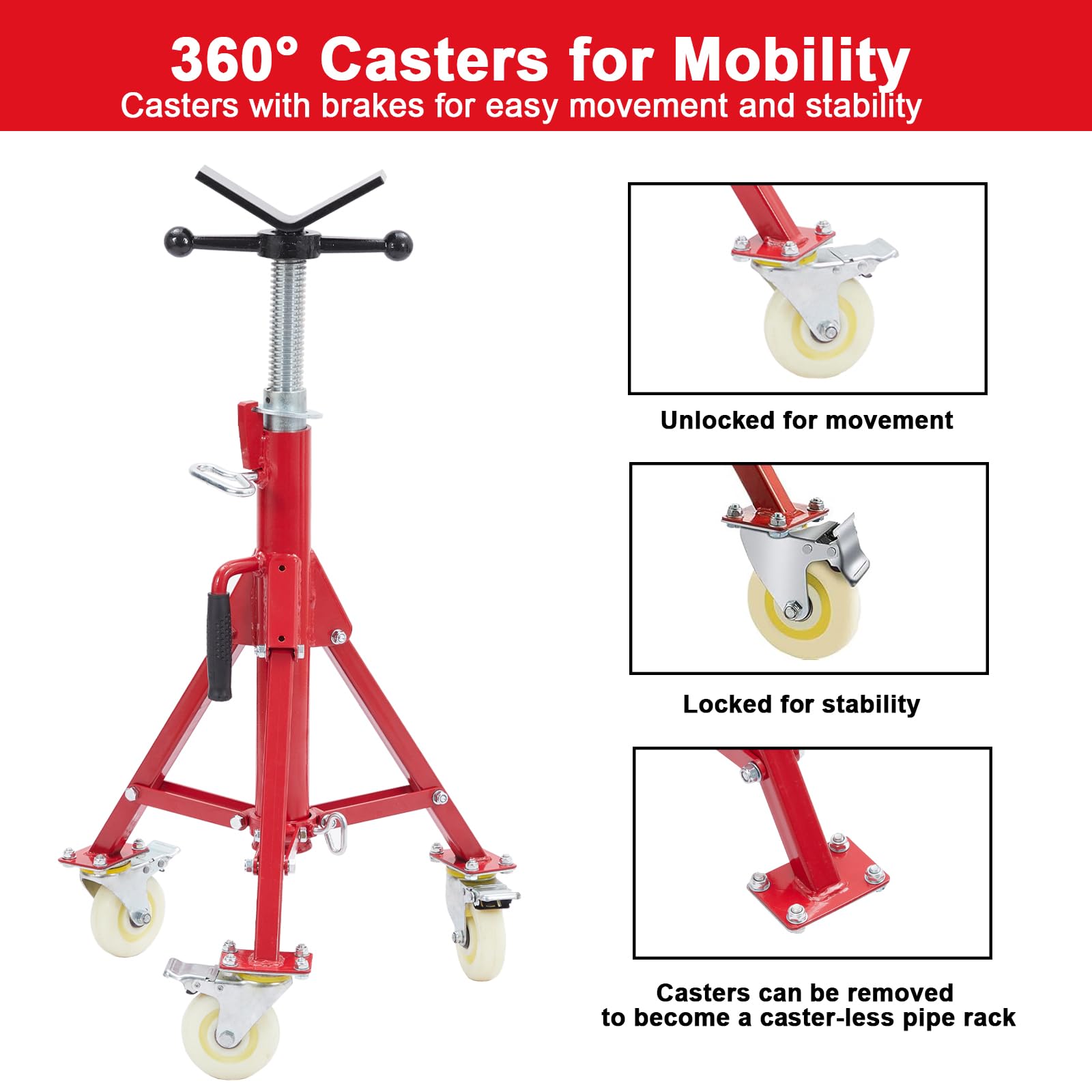 Supporto per tubi Garvee con testa a V, altezza regolabile da 28 a 52 pollici, pieghevole, acciaio, capacità di carico di 1100 libbre, con ruote, stabile, per saldatura, officina e industria