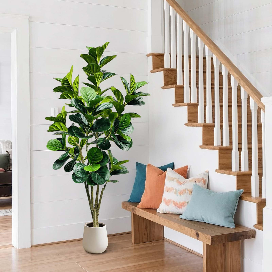 Garvee Grande albero di Banyan artificiale 180 cm con decorazione in vaso bianco per uso interno ed esterno Verde