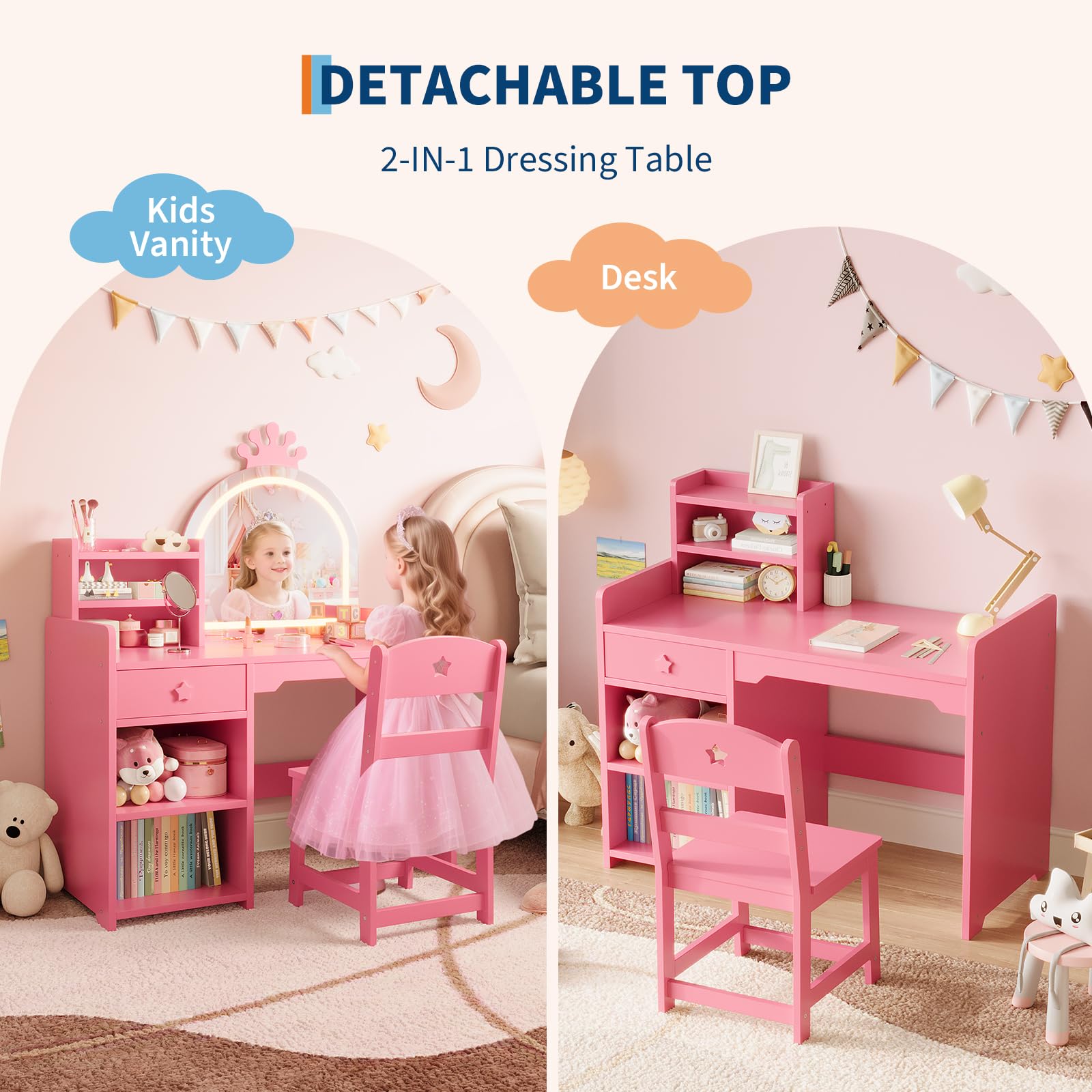 Tavolo da toeletta per bambini Garvee con specchio illuminato, set da toeletta 2 in 1 a forma di principessa, contenitore in legno per la cameretta delle bambine, cassaforte