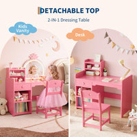 Tavolo da toeletta per bambini Garvee con specchio illuminato, set da toeletta 2 in 1 a forma di principessa, contenitore in legno per la cameretta delle bambine, cassaforte