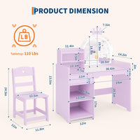 Tavolo da toeletta Garvee Kids con specchio a LED, set da toeletta 2 in 1 per principesse, in legno, con mensola e design sicuro per la cameretta delle bambine, bianco, compatto