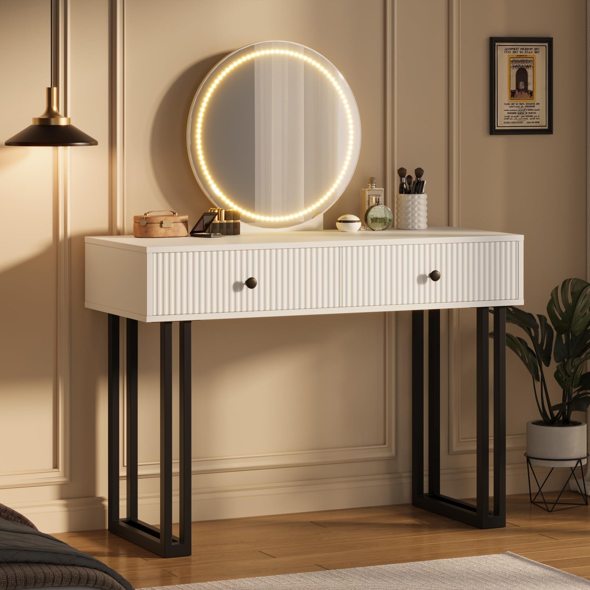 Toletta Garvee con specchio e luce LED a 3 colori, luminosità regolabile, 2 cassetti, superficie in MDF bianco, design moderno, camera da letto