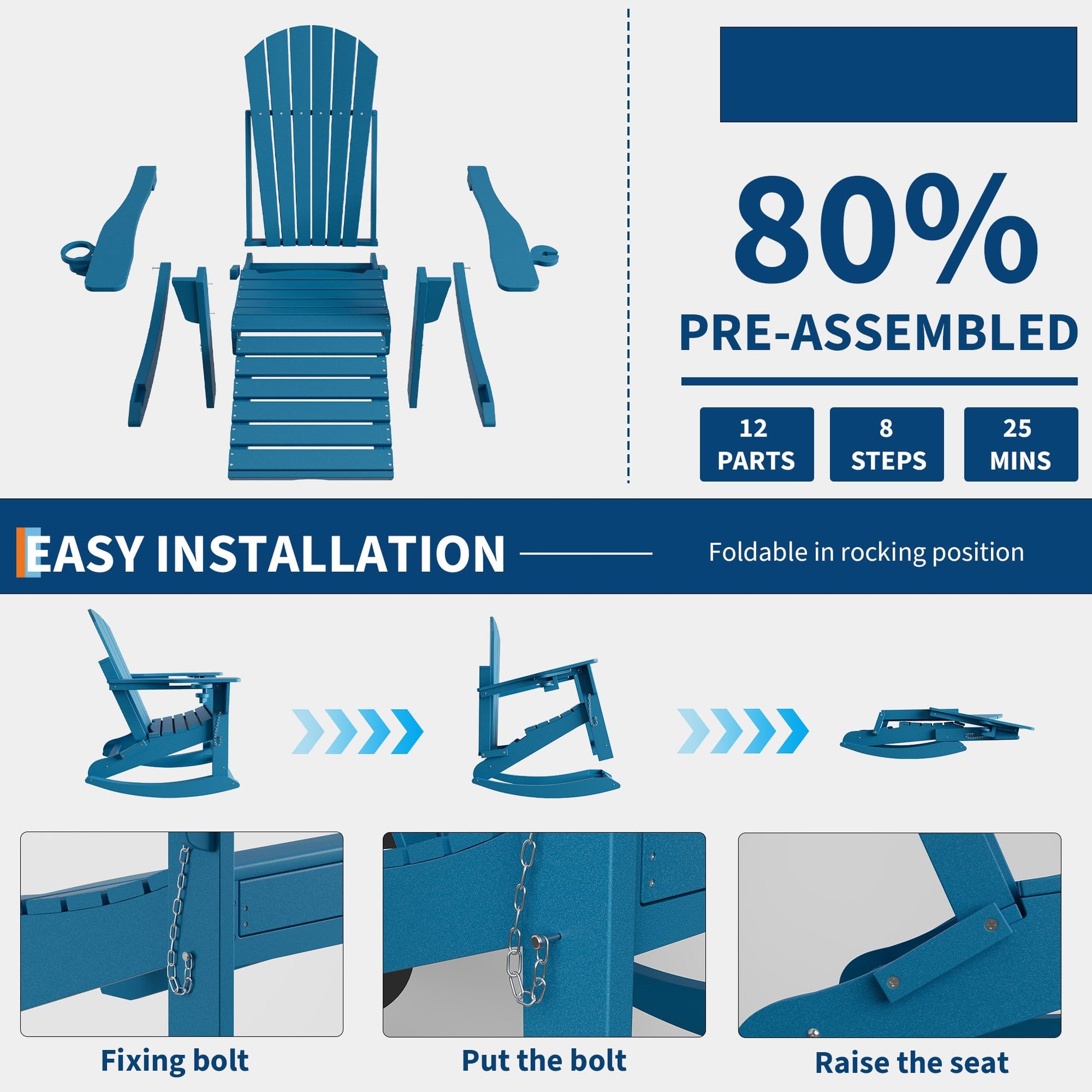 Seduta sul tetto del giardino Garvee Adirondack in HDPE con poggiapiedi e portabicchieri per patio e giardino, pieghevole, resistente alle intemperie, preassemblata all'80%