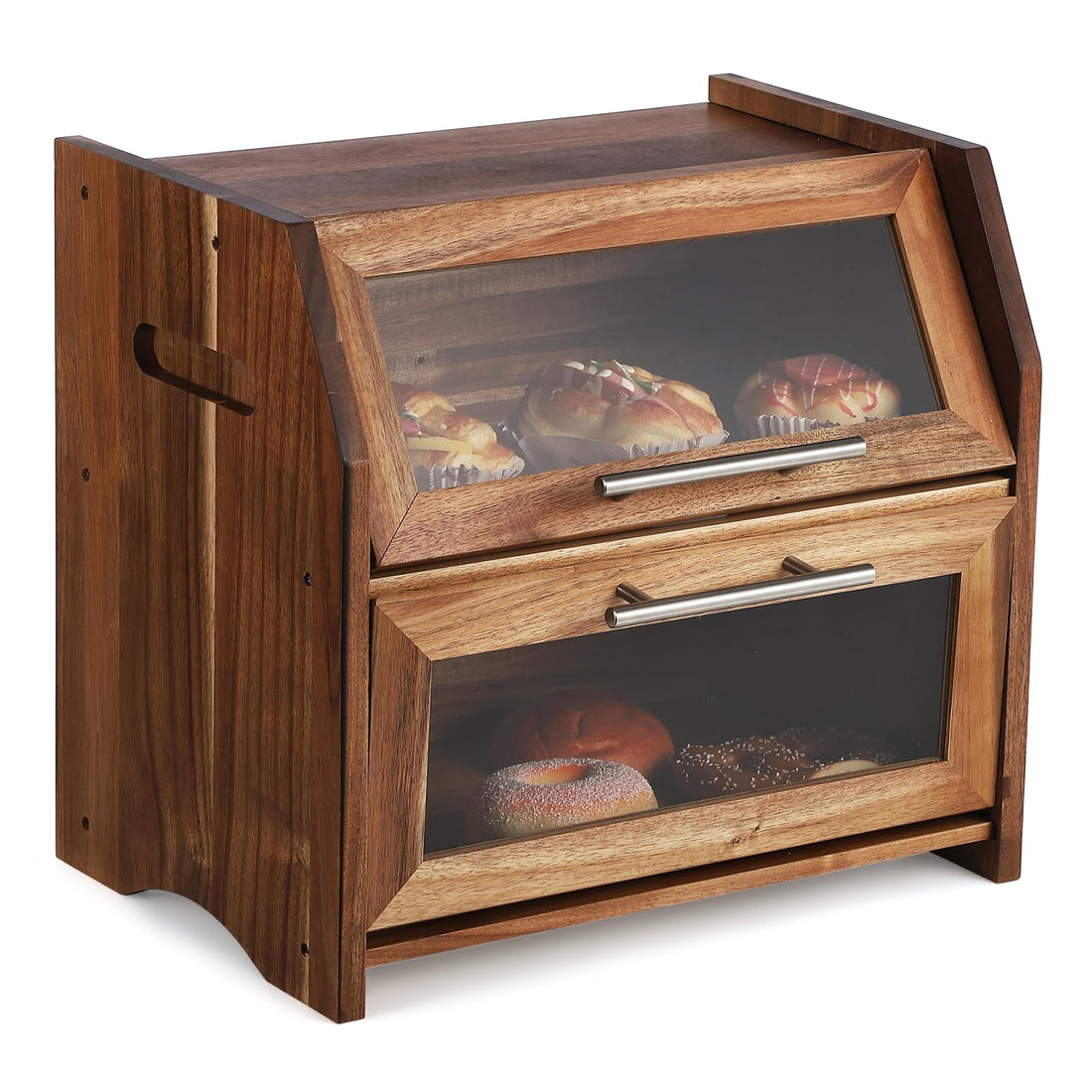 Portapane Garvee a due ripiani in legno di acacia con porta in acrilico e prese d'aria per cucina e tavolo della colazione, 40x26,5x36,5 cm, argento rustico