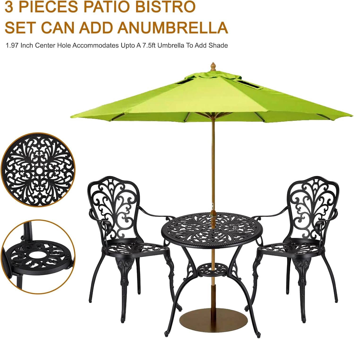 Set da bistrot da esterno Garvee da 3 pezzi, in alluminio, resistente alle intemperie, antiruggine, con foro per ombrellone, mobili da giardino per balcone, nero