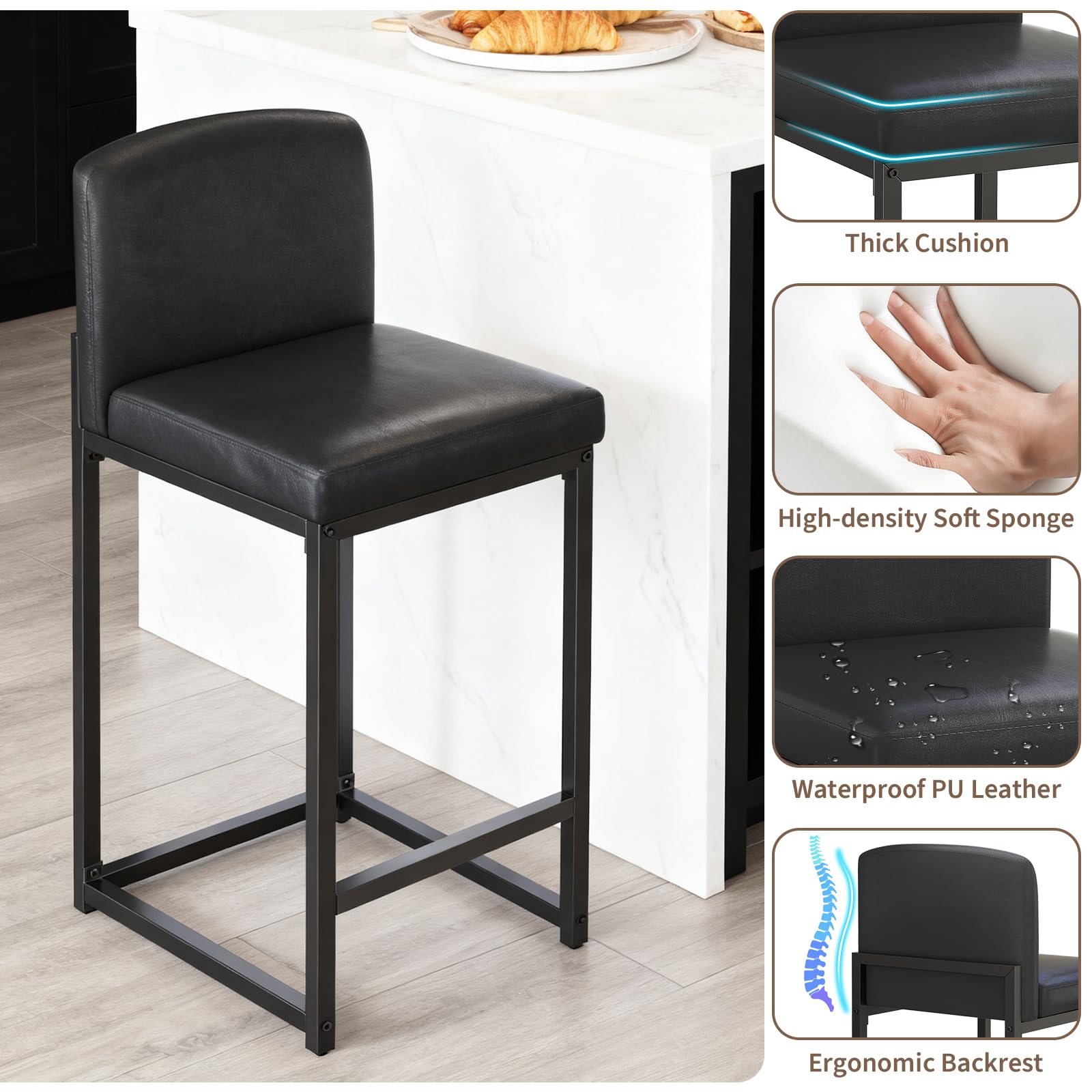 Set di 2 sgabelli da bar Garvee, imbottiti con schienale, per cucina e bar, 24 pollici, neri