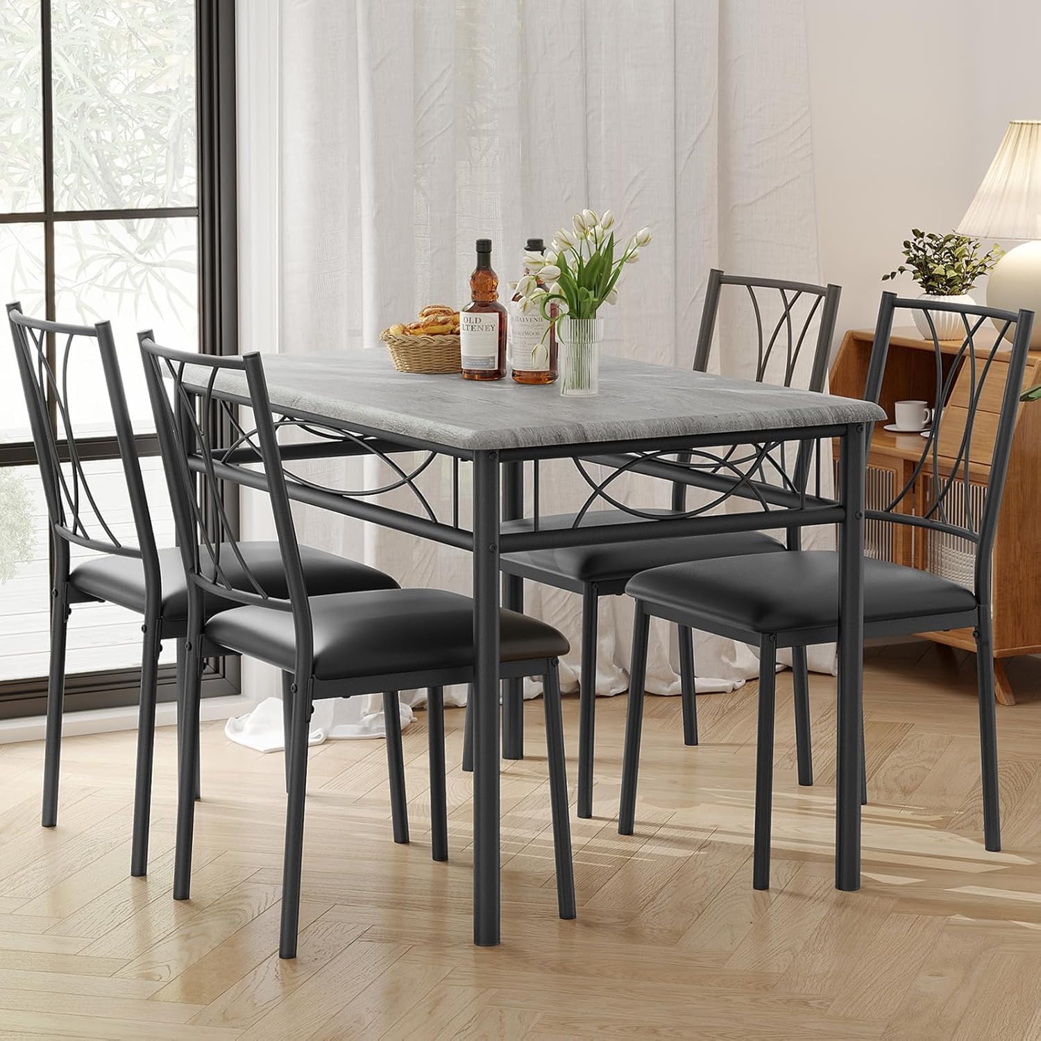Set da pranzo Garvee per 4 persone con sedie imbottite, legno, design retrò, pannello MDF, struttura in metallo, salvaspazio, piccoli appartamenti, nero rustico