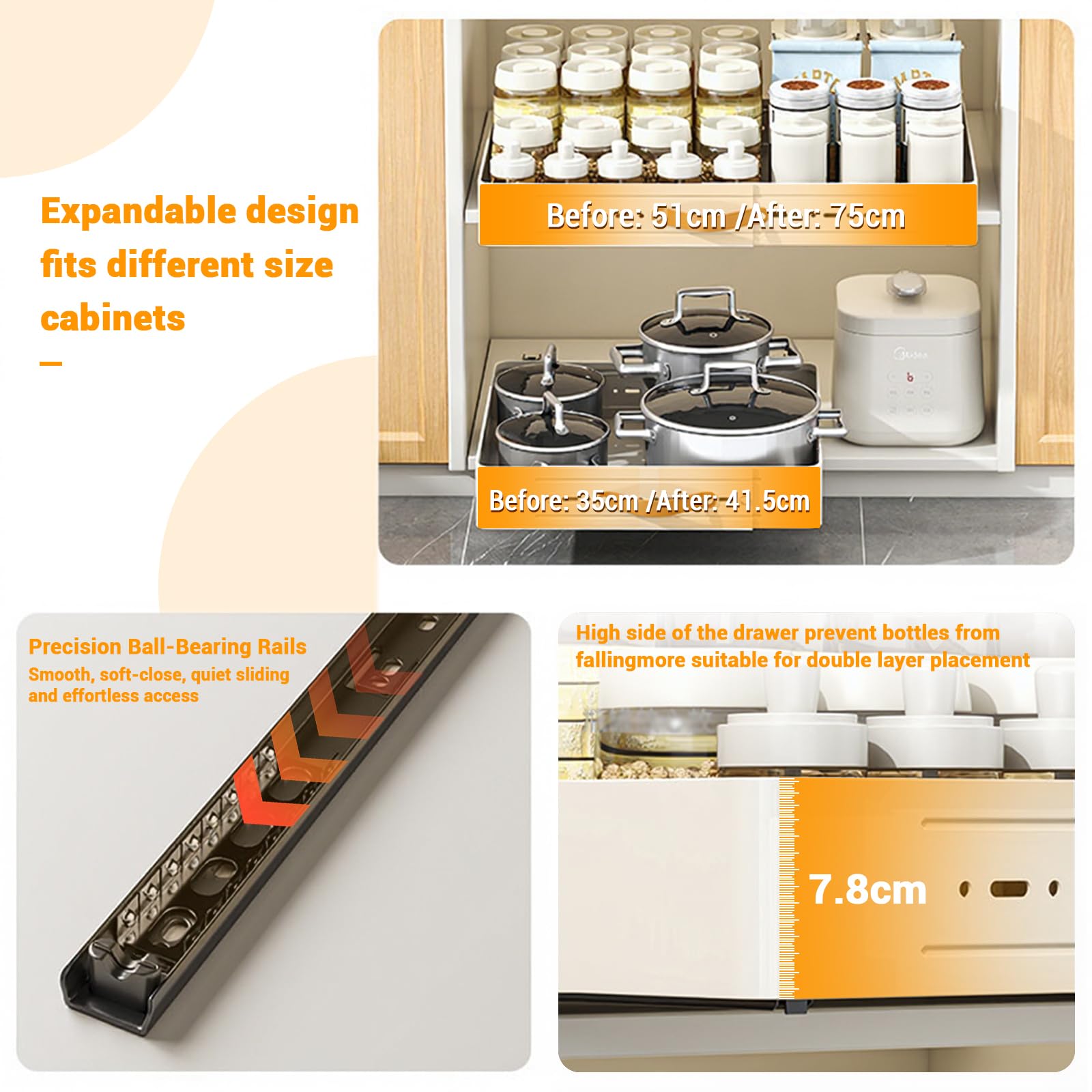 Cassetto telescopico Garvee, larghezza regolabile 35-51 cm, metallo, cassetto da cucina estensibile, bianco