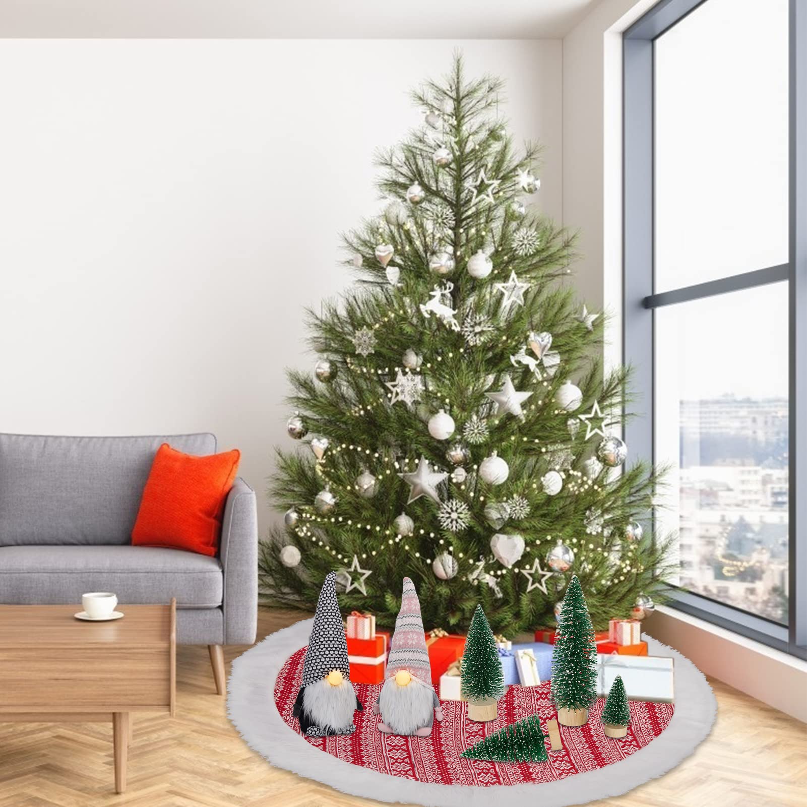 Gonna per albero di Natale in maglia Garvee da 48 pollici con fiocchi di neve, doppio strato, rifinitura in pelliccia sintetica per interni e ufficio, rustica, grande, bianca